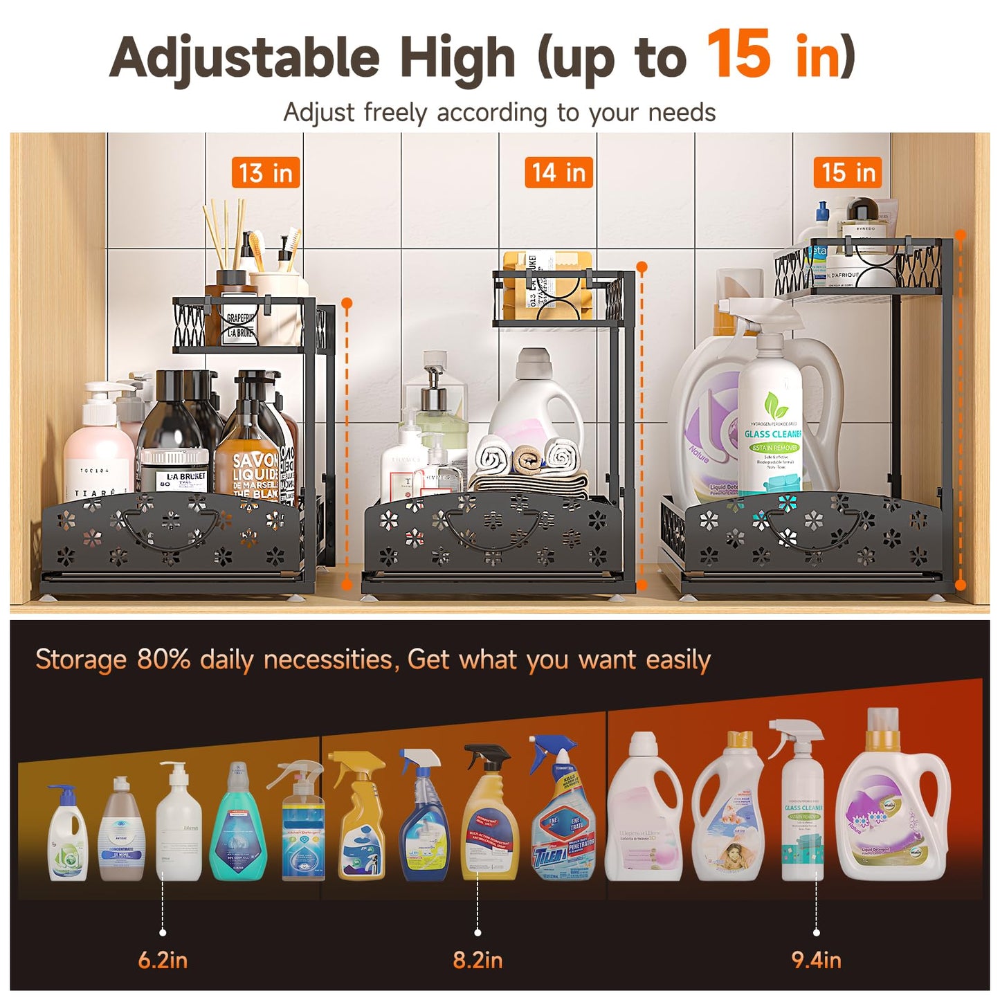 Sevenblue 2 Packs Under Sink Organizer, Height Adjustable 2 Tier Under Kitchen Sink Organizer, Multi-Purpose Storage Shelf for Kitchen Bathroom Cabinet (Metal, Extra Large)