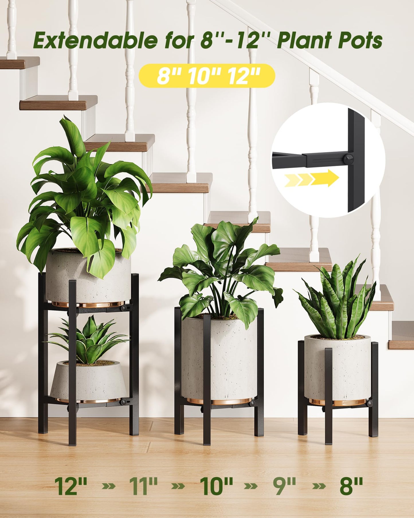 AZADESJET 3 Pack Plant Stand Indoor Adjustable, Metal Modern Indoor Plant Stand, Heavy Duty Single Plant Stands Outdoor Corner, Stable Plant Holder Indoor Stand, Fits 8 to 12 Inches Pots, Black