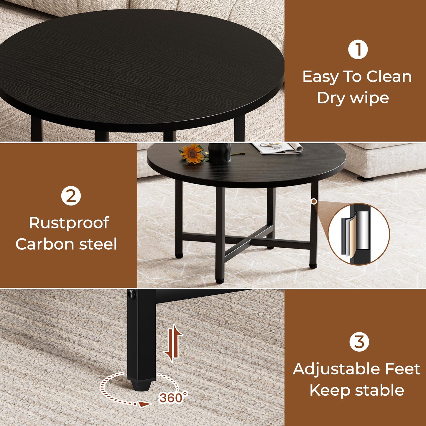 FURMORENE Coffee Table, 23.6" Small Coffee Tables, Black Round Coffee Tables for Living Room, Floor Table for Sitting on The Floor, Center Coffee Table with Metal Frame for Office Apartment Home