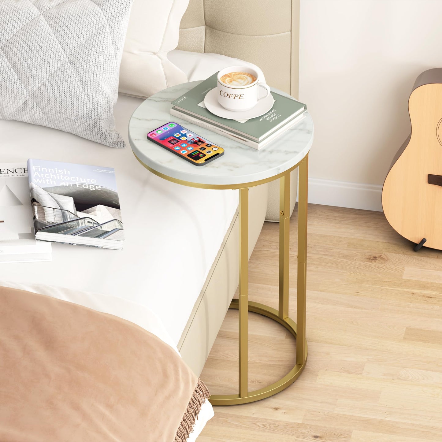 Function Home C Table End Table, Marble C Shaped Sofa Side Table, Couch Tables that Slide Under, Snack Accent Table for Living Room Bedroom Small Space, Marble Top and Gold Metal Frame