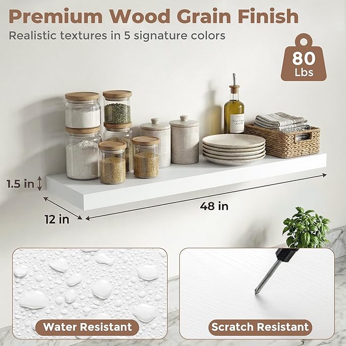 12 inch Deep Floating Shelves for Wall, 48 inch Wide Engineered Wood Wall