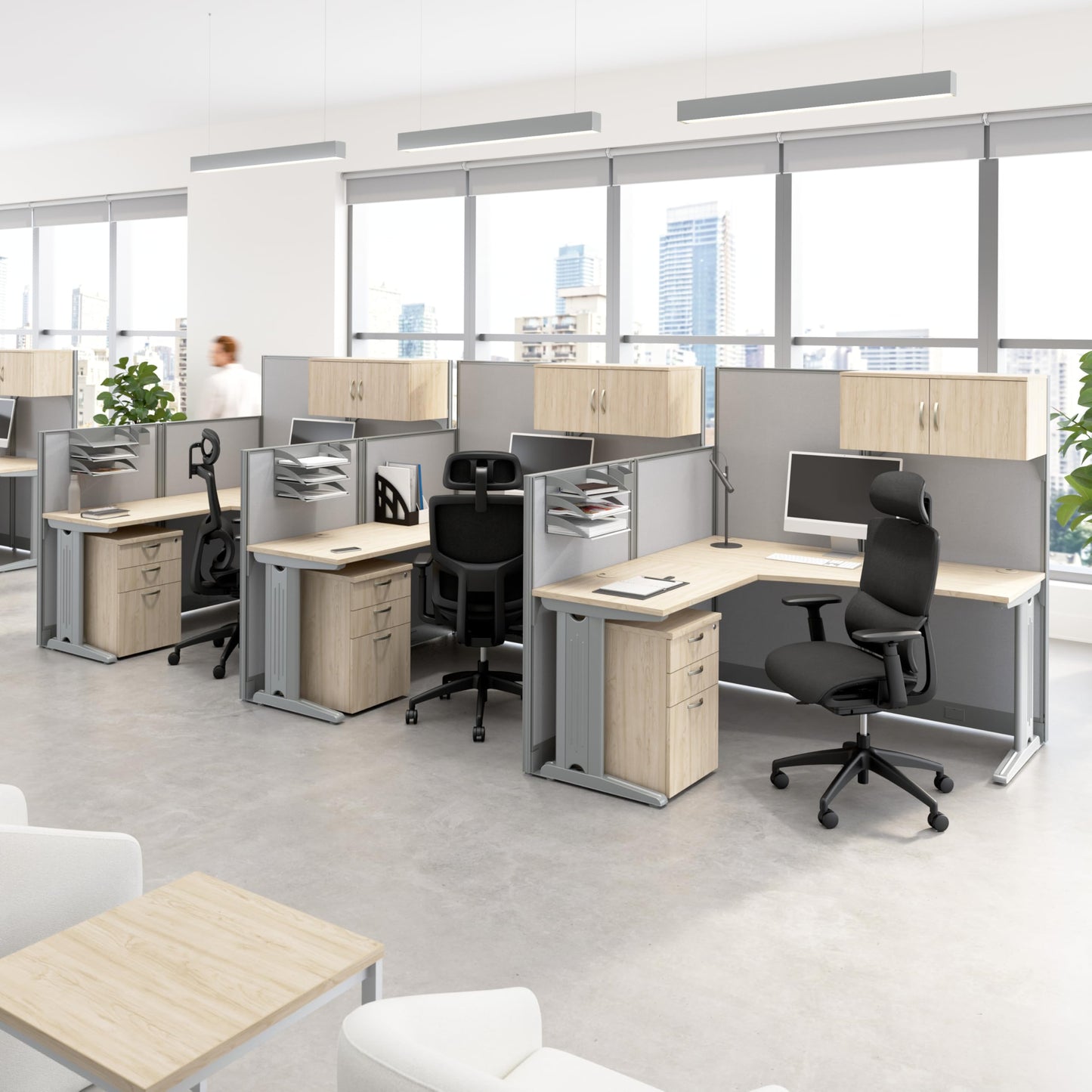 Bush Business Furniture Office in an Hour 3 Person L Shaped Cubicle Desks with Storage, Drawers, and Organizers in Mocha Cherry | Triple Workstation Set with Privacy Panels for Commercial Workspace