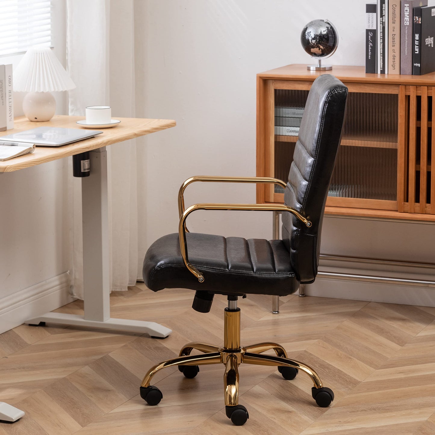 BTEXPERT Black Faux Leather Adjustable Home Office Golden Arms Exectuive High Back Manager Desk Chair, (5162BK)