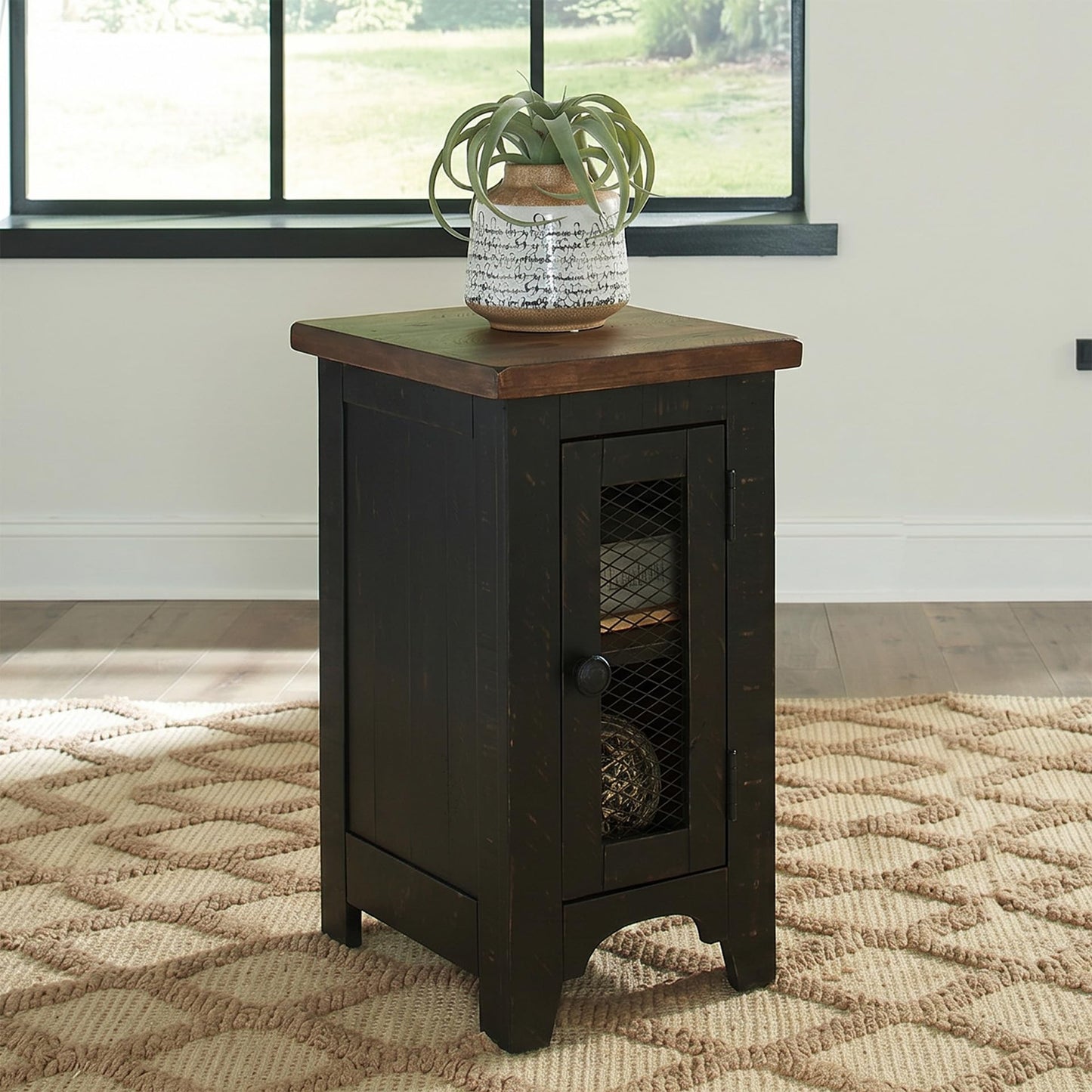 Signature Design by Ashley Valebeck Rustic Farmhouse Chair Side End Table with Cabinet Door, Distressed Black