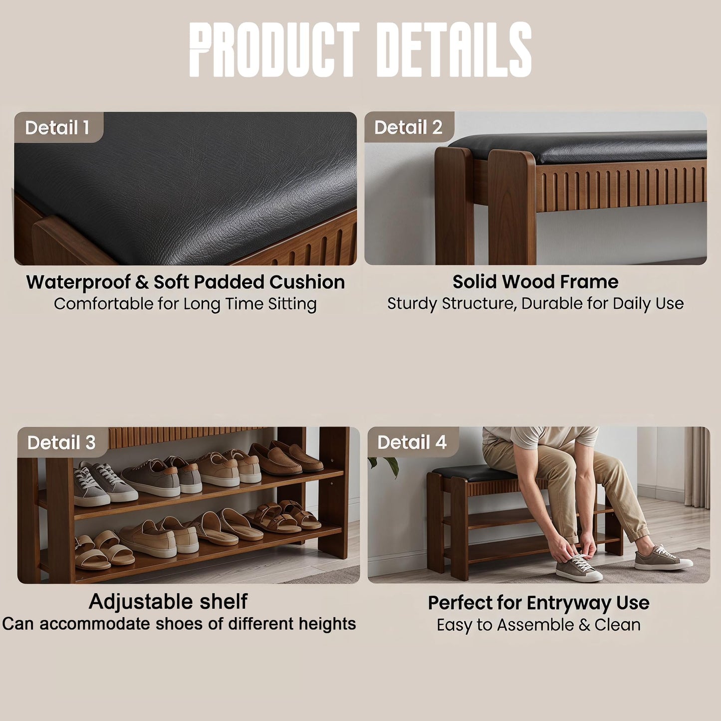 LUHIMI Shoe Bench with Cushion, Solid Wood 2 Tier Adjustable Storage Shoe Bench Rack for Entryway, Bedroom, Closet, Living Room, Hallway