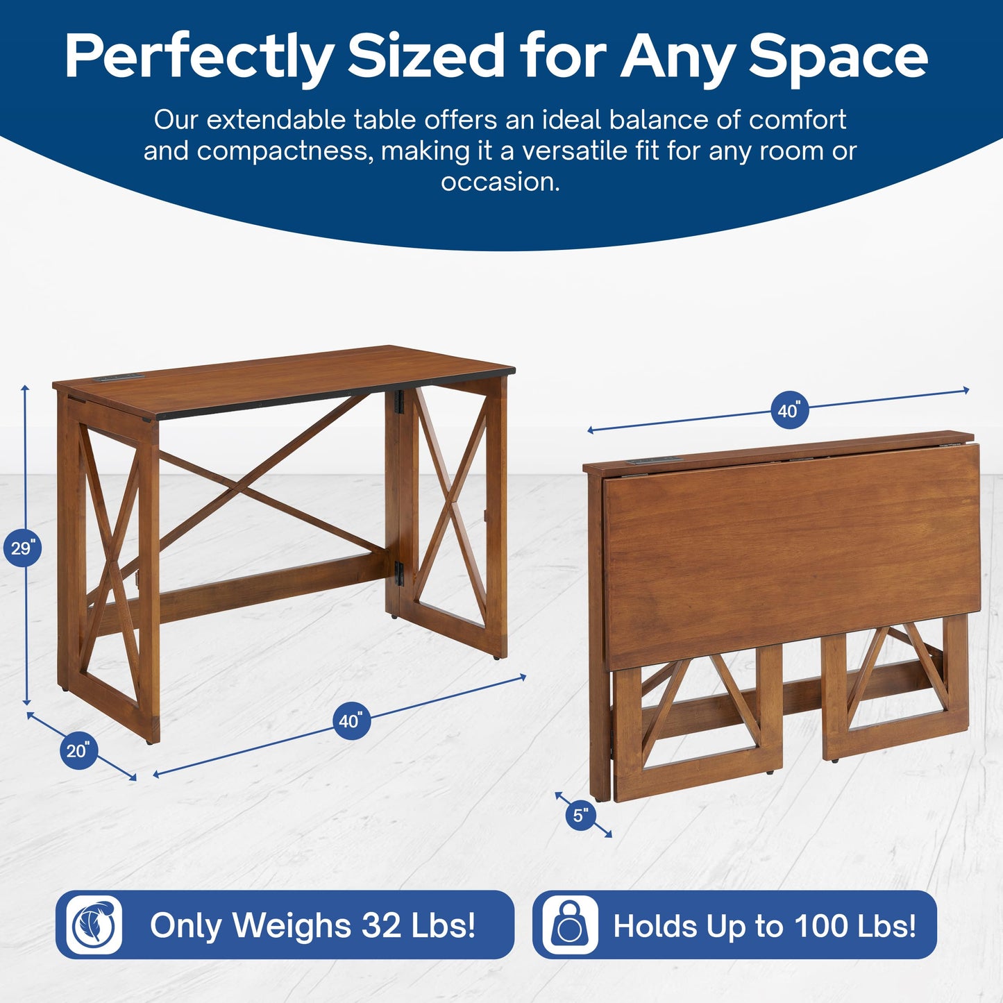 MECO Stakmore 110 Volt Stylish Versatile Expandable Folding Desk with Built in Outlets for Home Office, Den, or Living Room, Fruitwood
