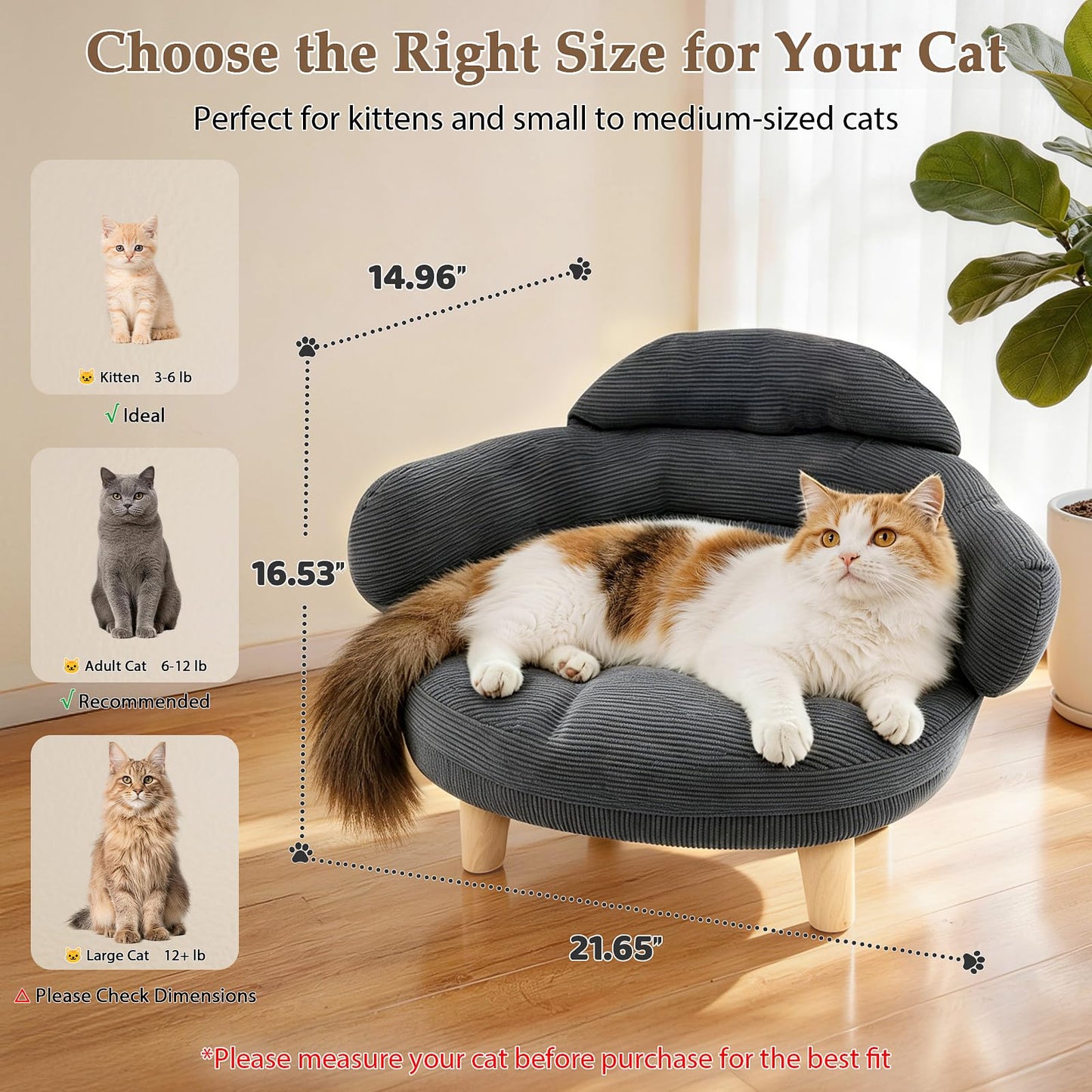 Famifit Cat Sofa Furniture-Style Pet Bed with Removable Cotton Velvet Cover, Solid Pine Wood Legs, for Cats and Small Dogs, Gray