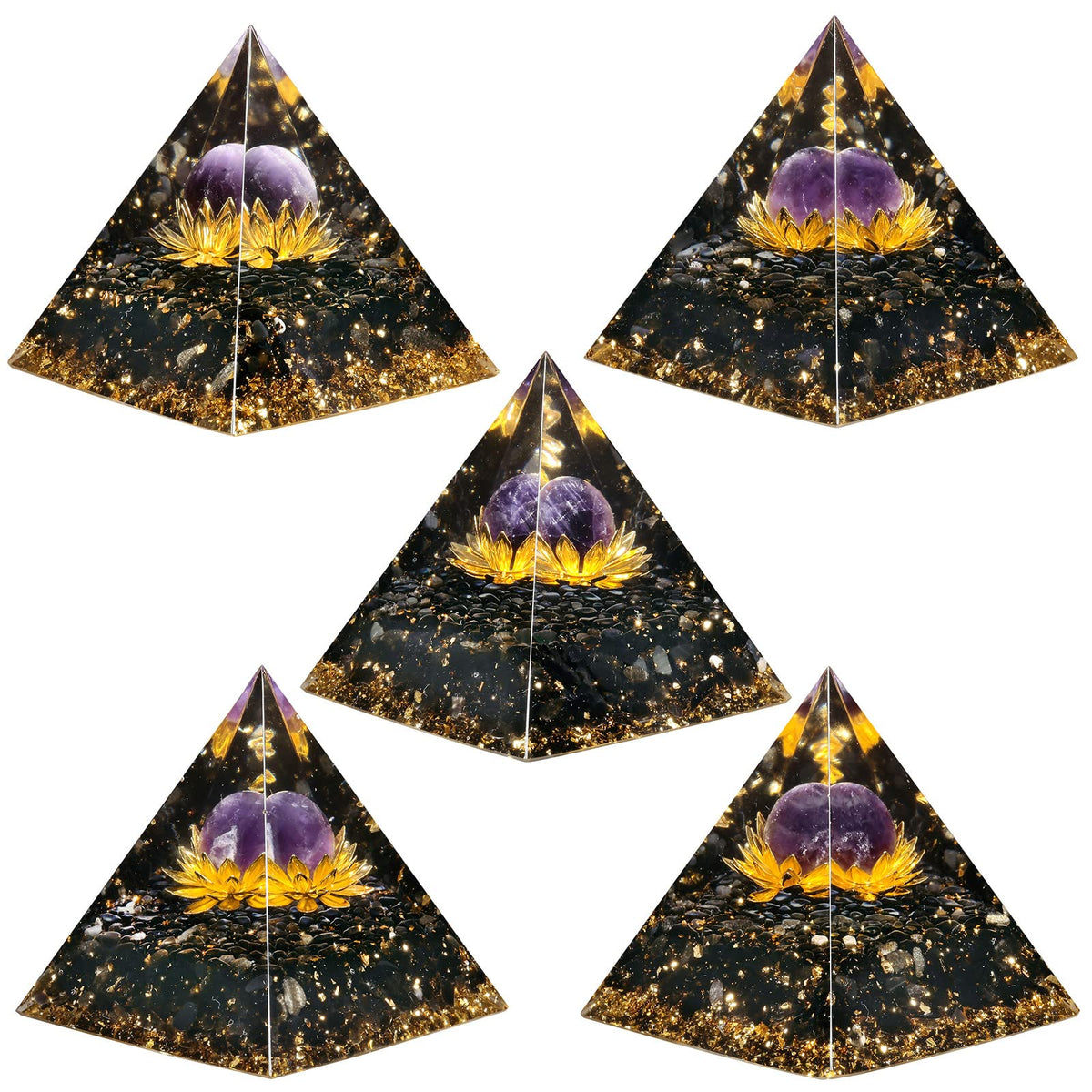 mookaitedecor Amethyst Crystal Sphere Orgone Pyramid with Obsidian Tumbled Stones and Golden Lotus Orgonite Energy Generator for Protection Meditation Home Decor