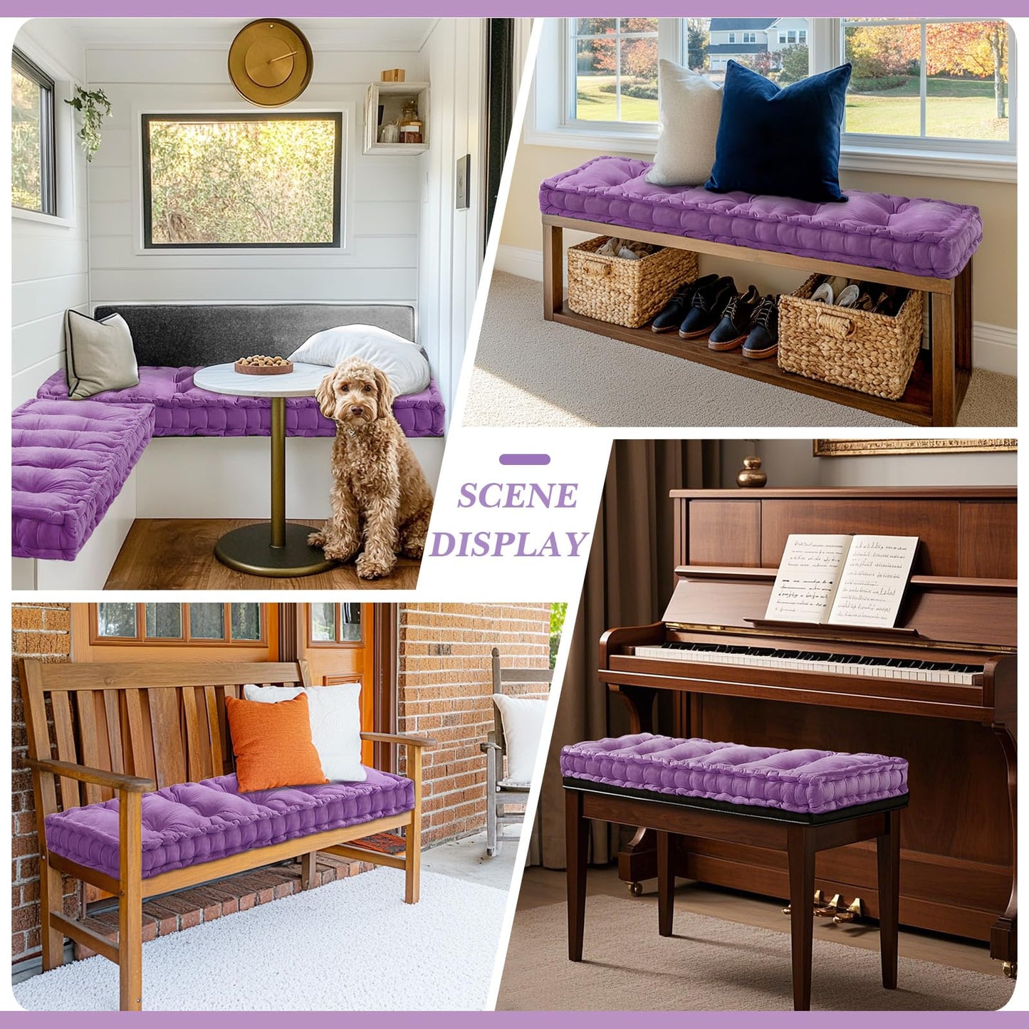 Threehoney Bench Cushions for Indoor Furniture 42x16 in Velvet Kitchen Dining Piano Window Seat Cushion, Tufted Patio Porch Swing Thicken Bench Pad Memory Foam(Light Purple)