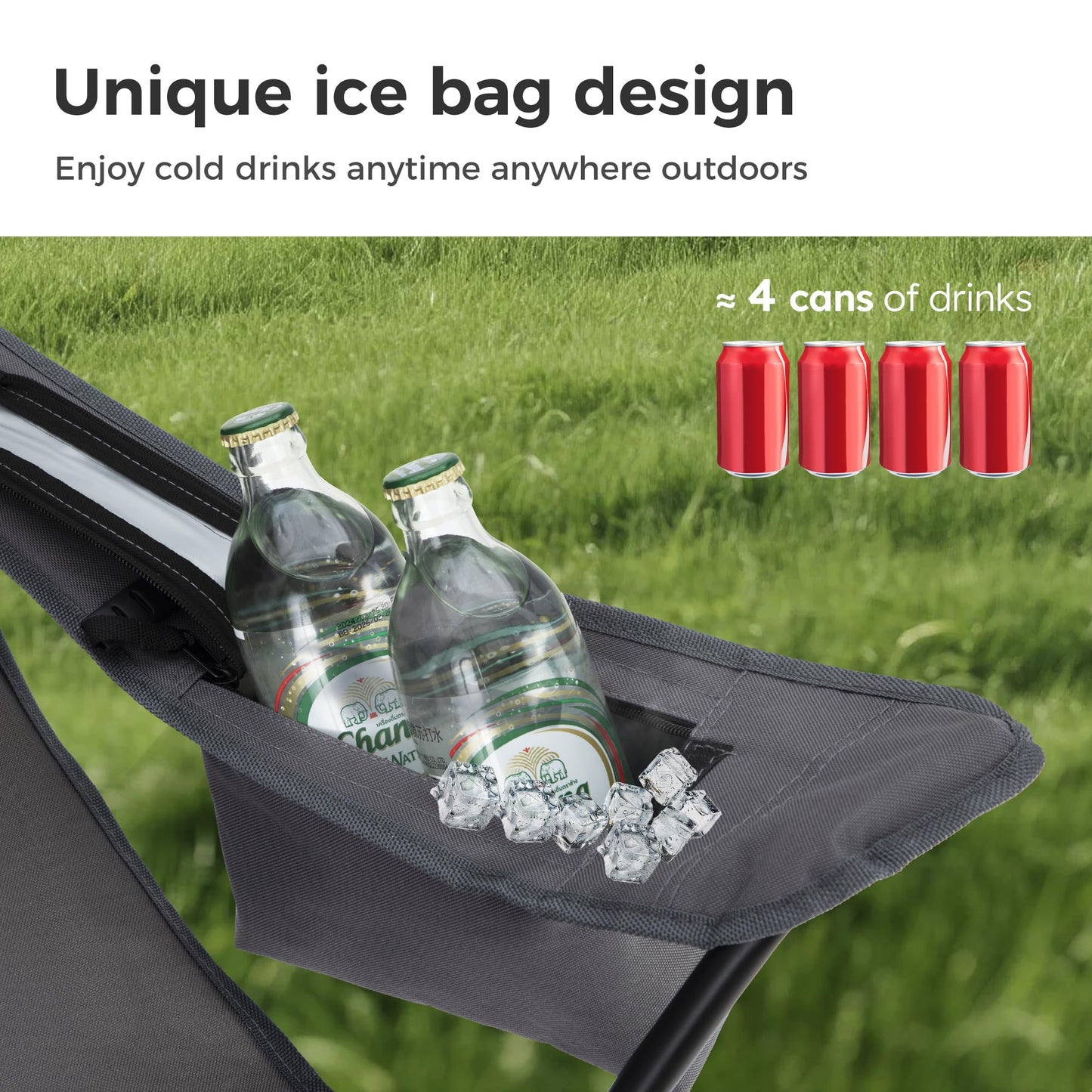 LET'S CAMP Camping Chair 2 Pack Folding Chair with 4-Can Cooler Bag Portable Lawn Chair with Cup Holder,Storage Pocket, Supports 250LBS, Collapsible Chair for Camp, Beach, Picnic (Grey)