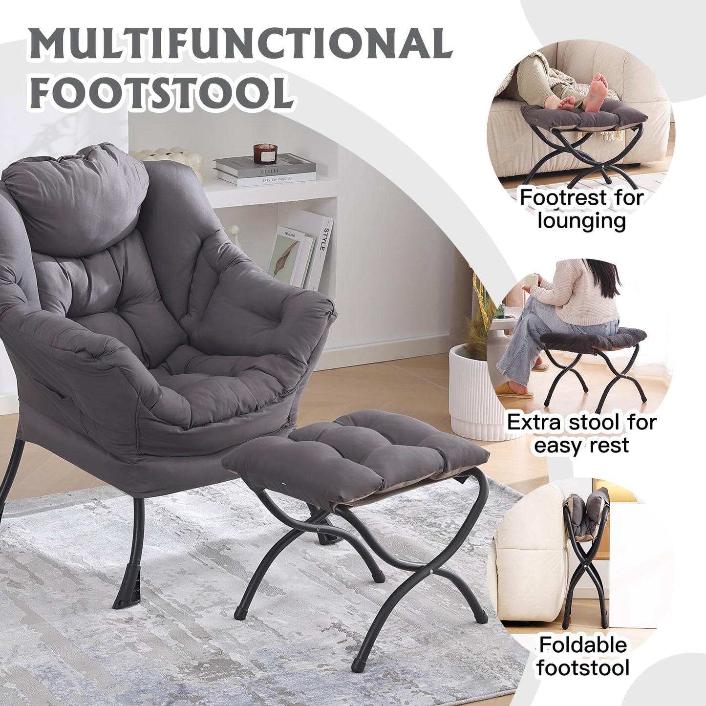 Welnow Folding Foot Stool, Upholstered Small Accent Ottoman with Detachable Thick Cotton Cushion Padded Sofa Stool and Metal Frame for Lazy Chair, Living Room, Bedroom, Dark Grey