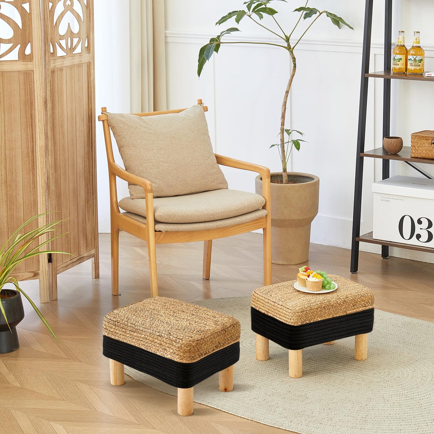 ALeesing Ottoman Foot Stool Rectangular Footrest Natural Seagrass Footstool with Wooden Legs Hand Weave Multifunctional Modern Dressing Stool, Sofa Side Table for Bedroom for Living Room (Black)