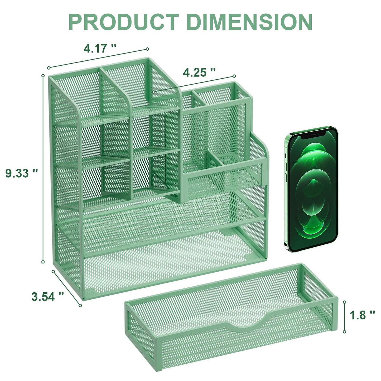 Marbrasse Mesh Pen Holder for Desk, Multi-Functional Pencil Organizer with Drawer, Desk Organizers and Accessories for Office Art Supplies (Green)