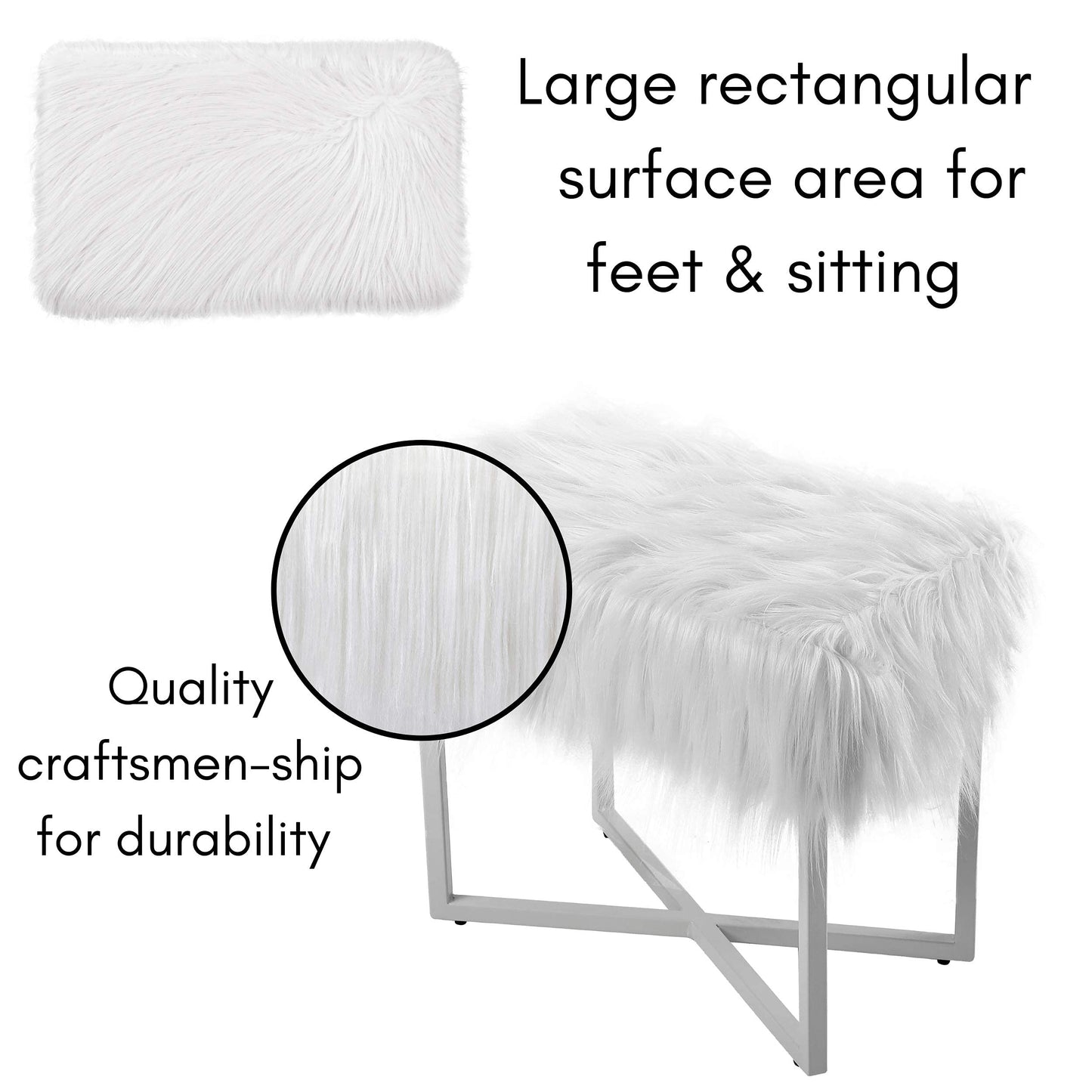 BIRDROCK HOME Rectangular Faux Fur Vanity Foot Stool Ottoman with Metal Legs - Small Soft Padded and Fluffy Makeup Seat or Foot Rest for Bedroom, Desk, or Dressing Table (White and Gray)
