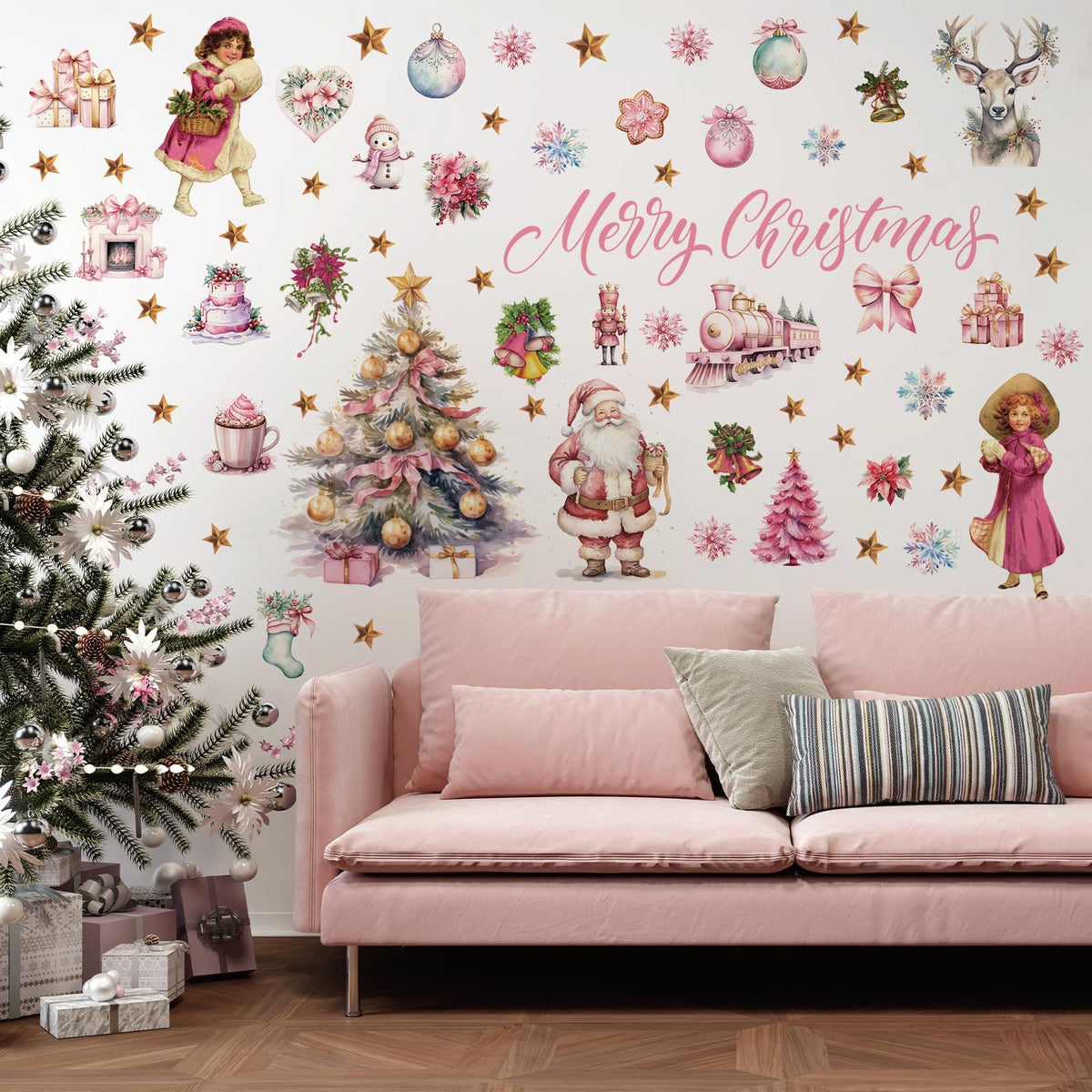 Pink Christmas Wall Decal Merry Christmas Wall Sticker Removable Christmas Tree Santa Girl Wall Decals Decor for Winter Christmas Holiday Party Supplies Home Window Decor