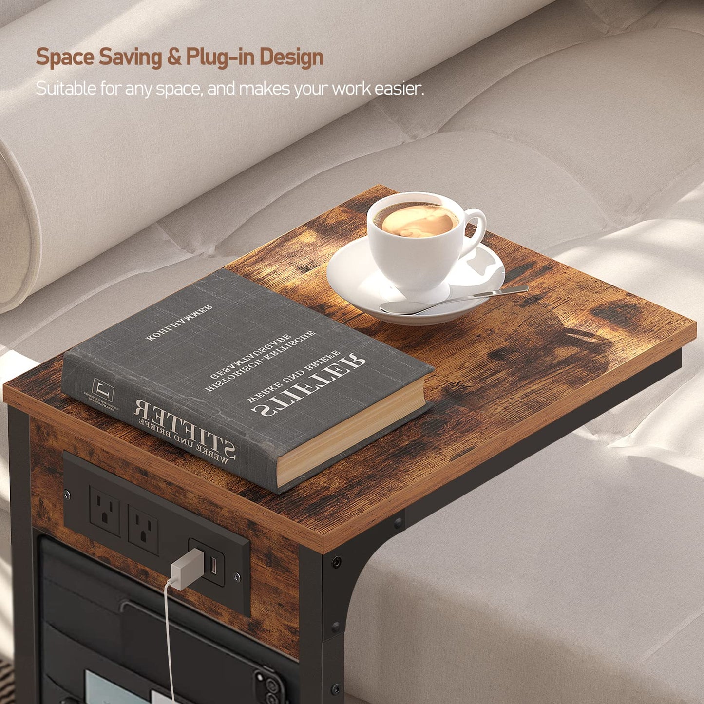 TUTOTAK C Shaped End Table with Charging Station, Side Table for Sofa, Couch Table with Storage Bag, TV Tray with 2 USB Ports and Outlets for Living Room, Bedroom, Brown TB01BB024