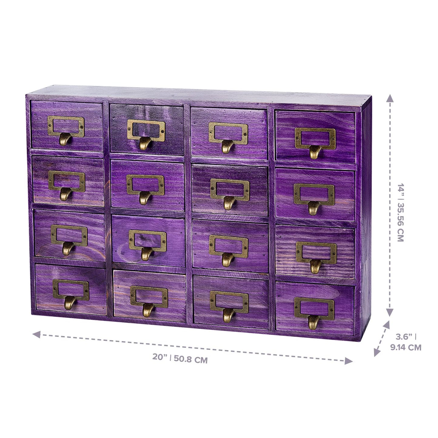 Purple 16-Slot Wooden Drawer Unit - Country Style Desk Organizer Box - 20"x3.6”x14” Wooden Storage Box w/ 16 Drawers - Countertop Drawers w/Label Holder & Handle - Slim 4-Level Organizer