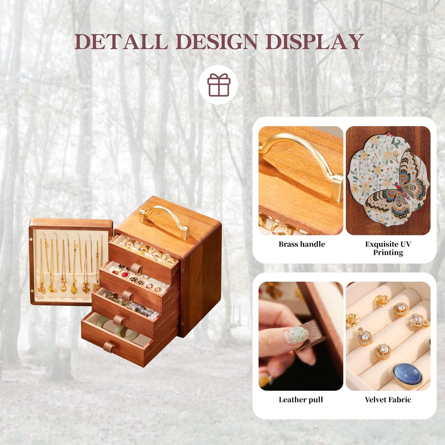 KAOTGOT Wooden Jewelry Box for Women 4 Tier Walnut Wooden Jewelry Box with handle (Butterfly Prints B)