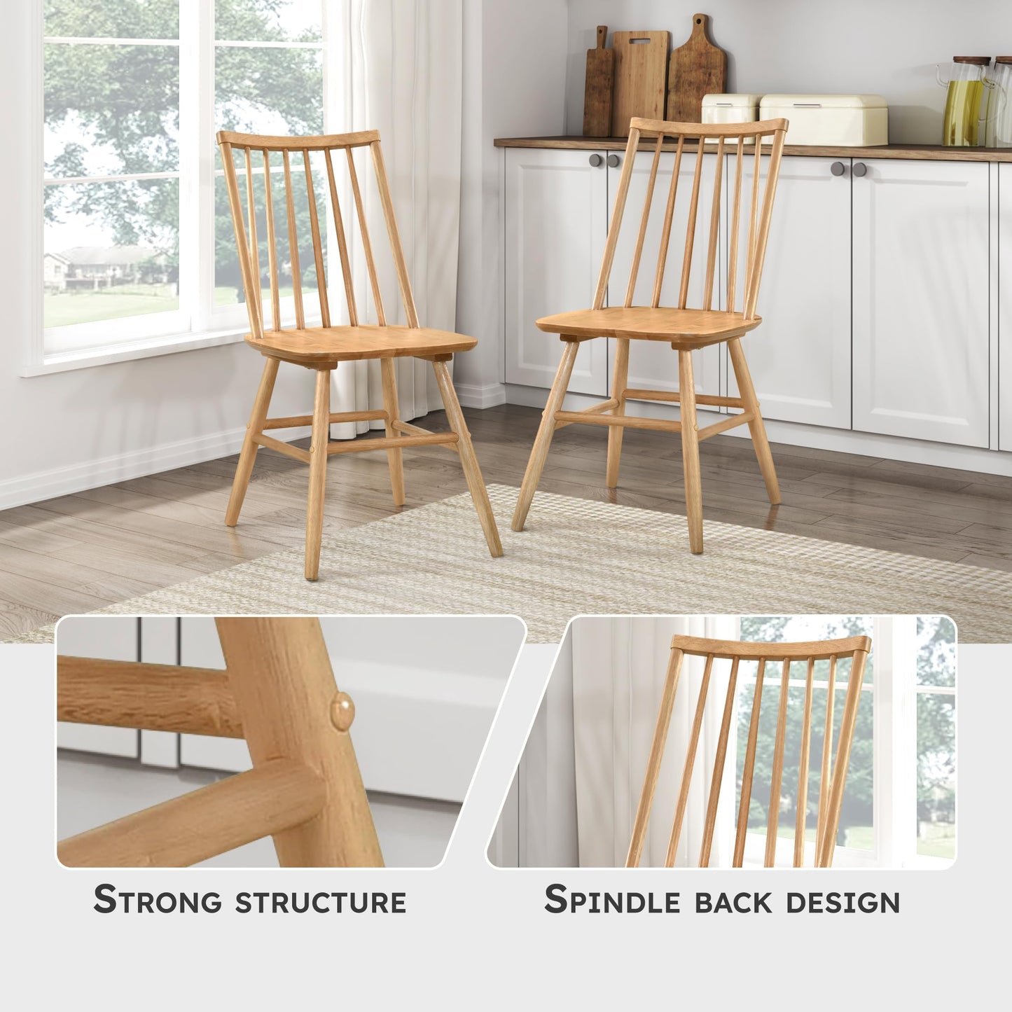 Lexicon Kitchen & Dining Room Chairs, Dining Chairs Set of 2, Spindle Back Wood Dining Chairs, Rubberwood Armless Dining Chairs, Modern Dining Chair, Easy Assembly, Natural Oak