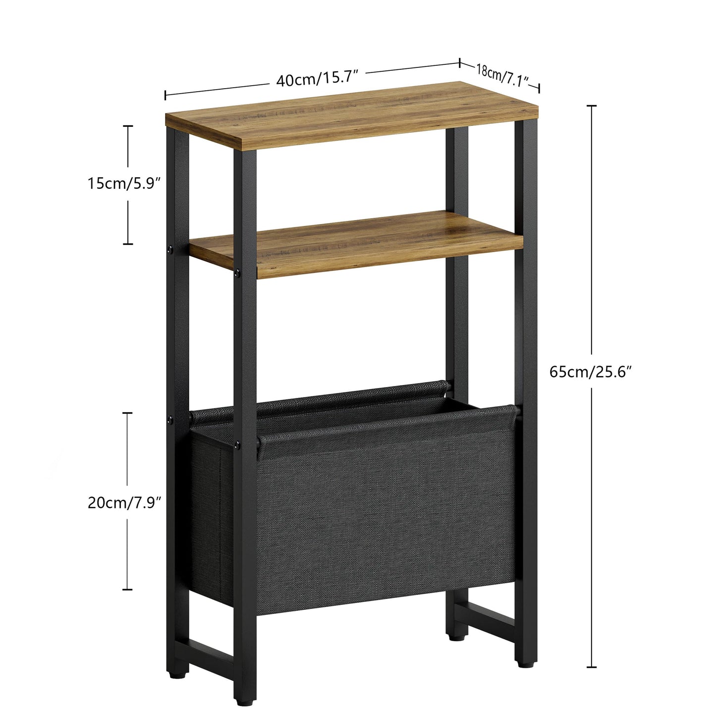 IRCPEN Narrow Side Table, Slim End Table with Magazine Rack, Skinny Bedside Table for Small Spaces, 3 Tier Sofa Couch Table Nightstand for Living Room, Bedroom, Walnut Brown LET503BR