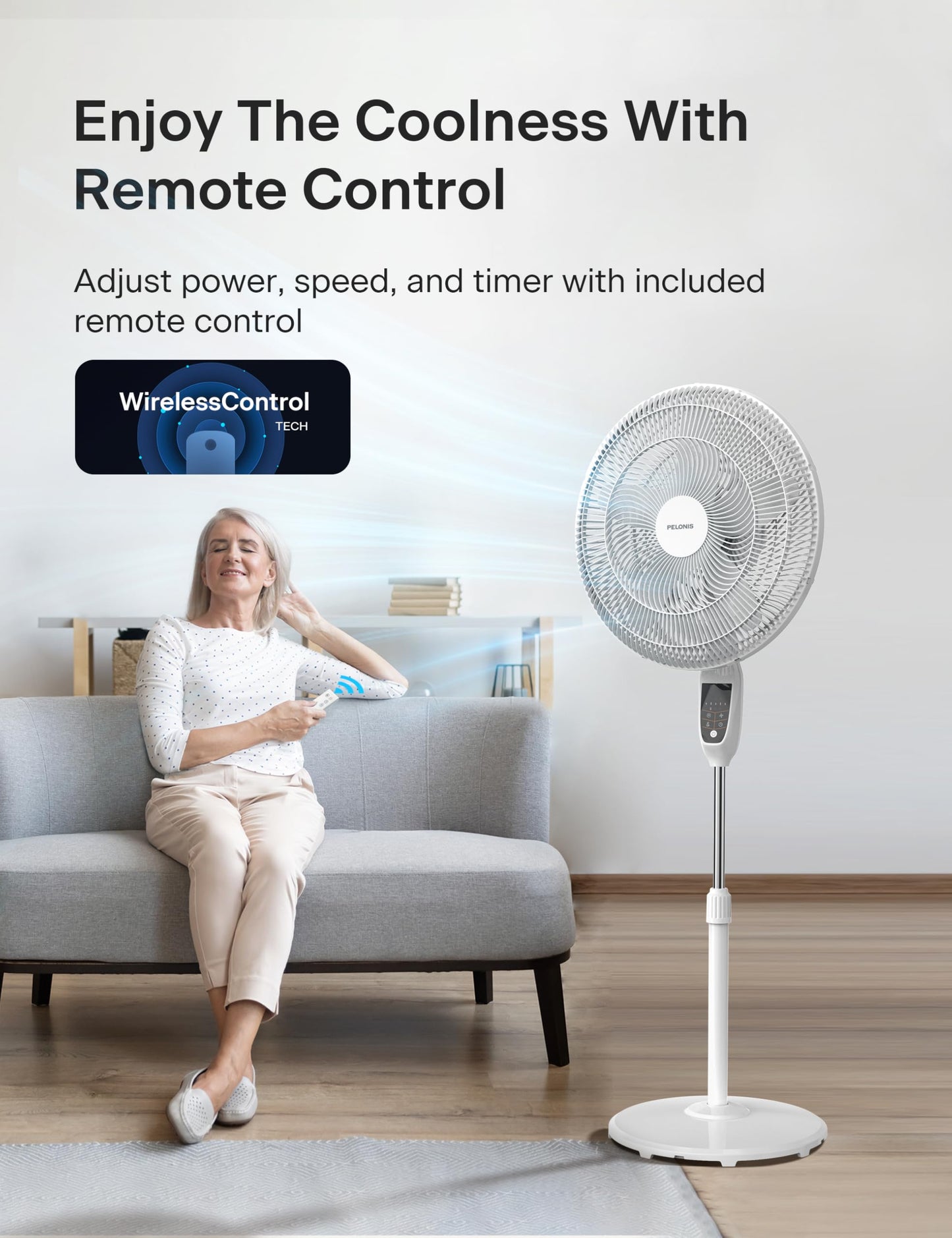 PELONIS PSFS18D1AW 18 inch 5-Blade Oscillating, Adjustable Standing Pedestal Remote, LED Display, 5 Speed Setting and 7-Hour Timer Fan, White