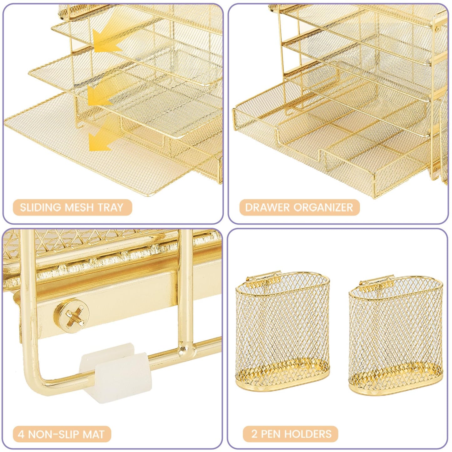 OPNICE Desk Organizer, 5-Tier Paper File Organizer with Drawer & Pen Holder, Office Desk Accessories, Workspace Desktop Organizer for Office Supplies(Gold)