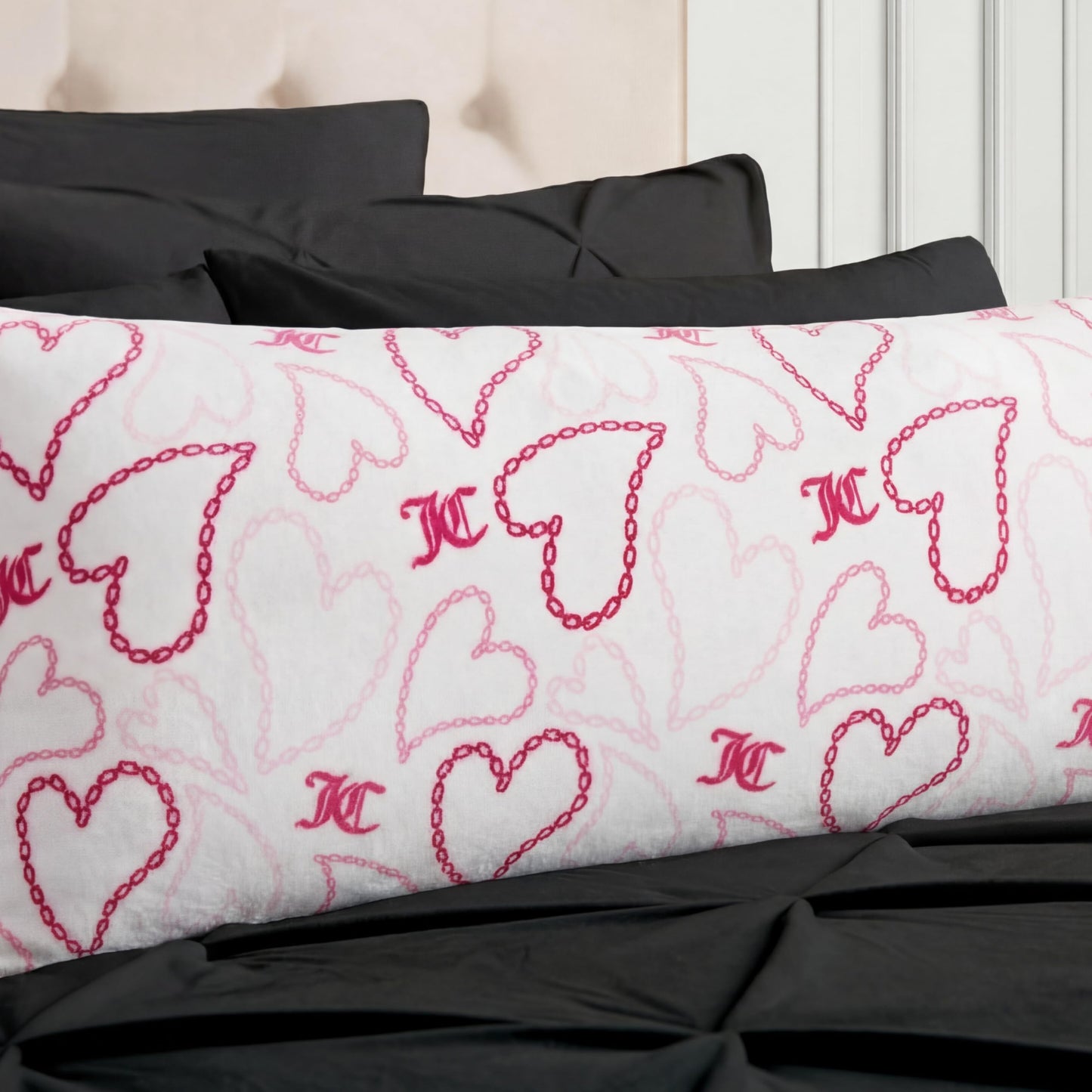 Juicy Couture 20" x 48" Plush Body Pillow, Chain Hearts Pink