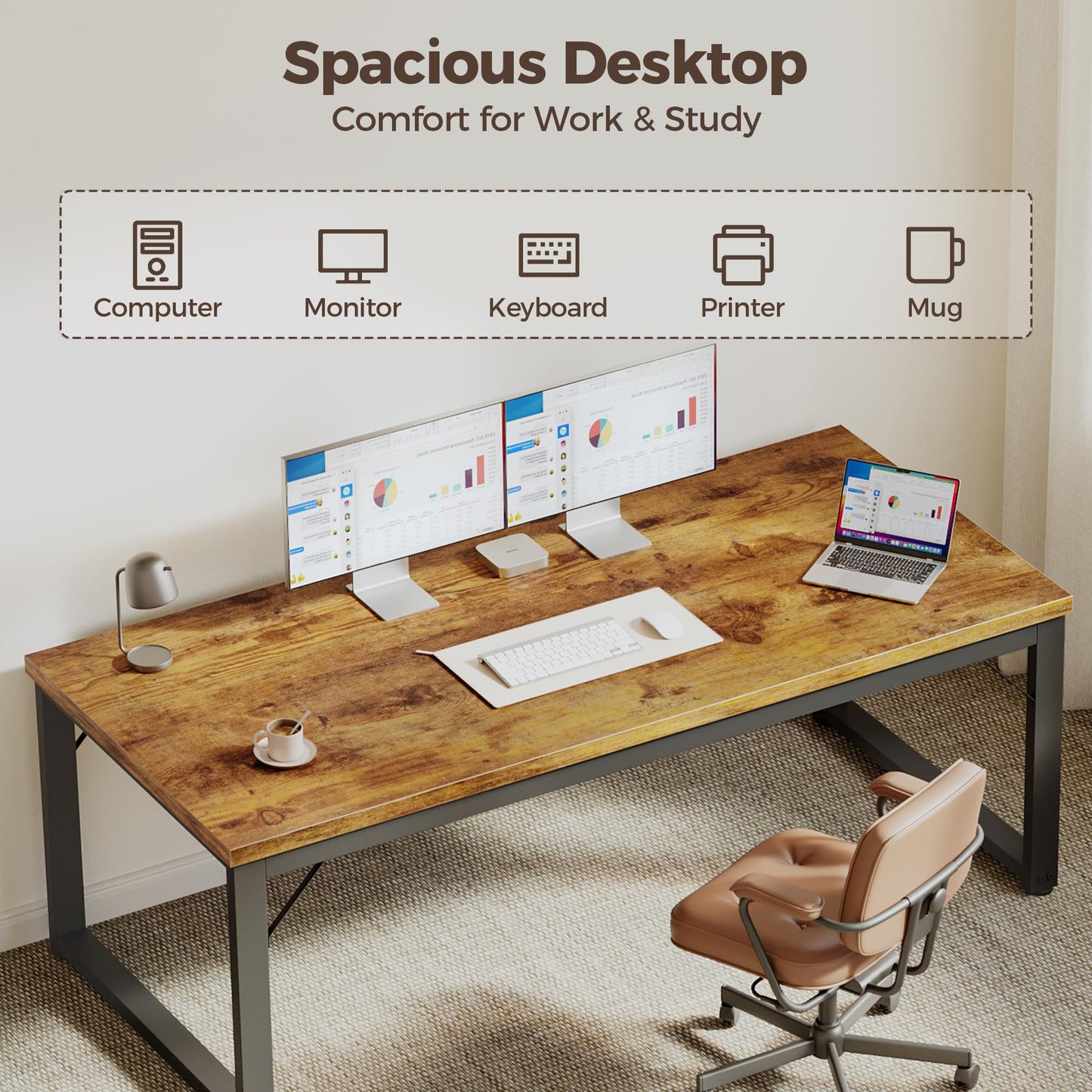 Mericonia 40 Inch Computer Desk, 1" Thick Modern Simple Study Writing Table, Heavy Duty Industrial Office Desk for Home Bedroom Workstation, Brown