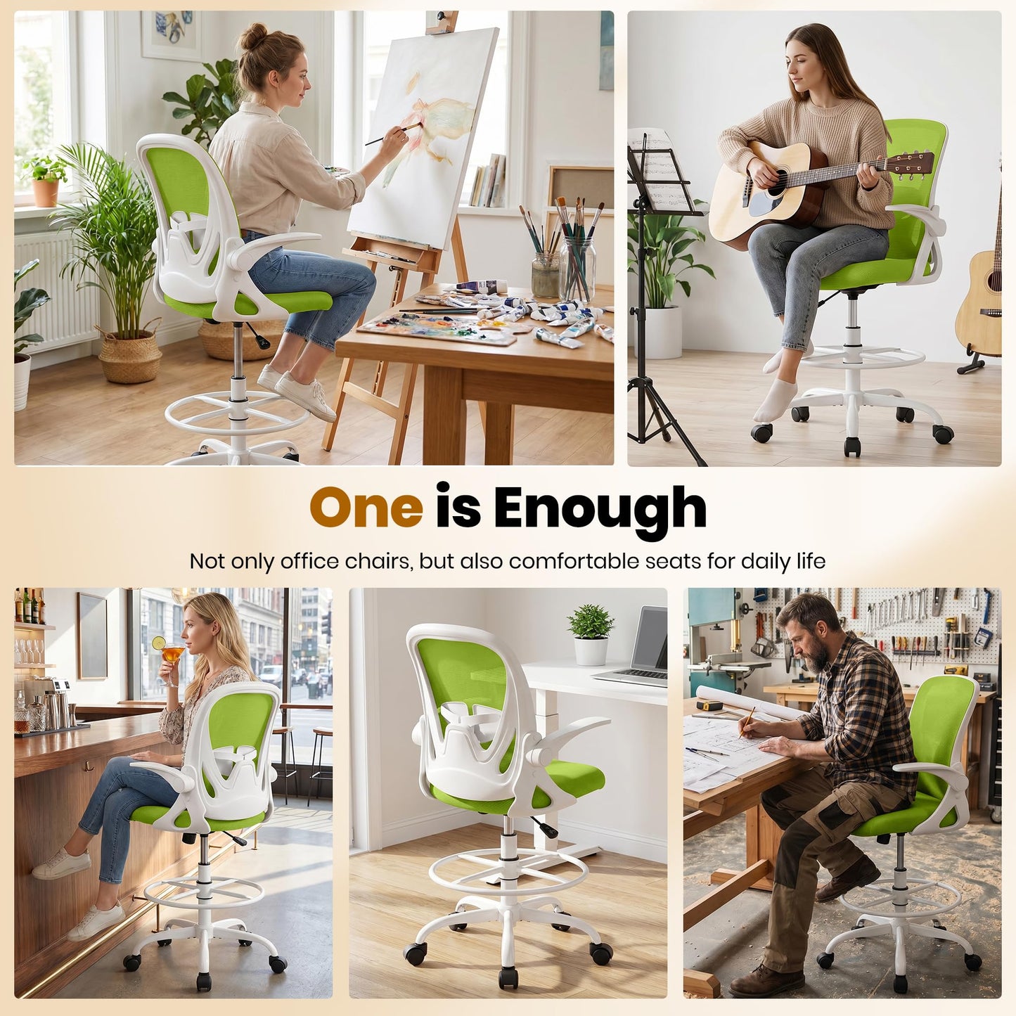 Primy Drafting Chair Tall Office Chair with Flip-up Armrests Executive Ergonomic Computer Standing Desk Chair with Lumbar Support and Adjustable Footrest Ring (Green)