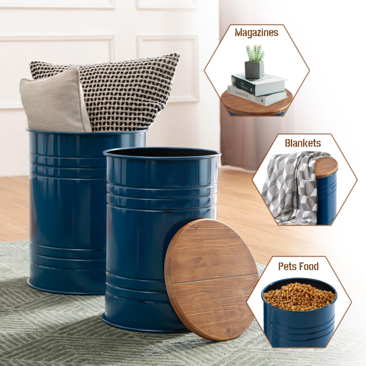 Glitzhome Rustic Storage Ottoman Seat Stool, Farmhouse Nesting End Table, Galvanized Barrel Metal Accent Side Table Toy Box Bin with Round Wood Lid for Living Room, Set of 2, Navy Blue