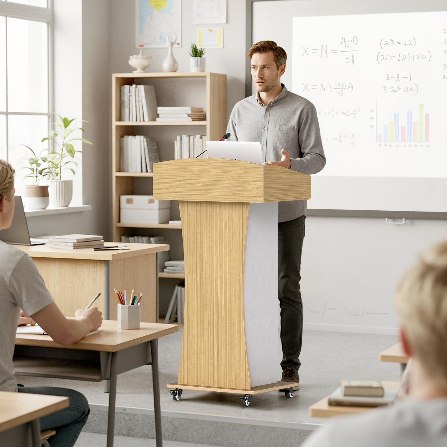 Qriocioa Podium Stand with Metal Wheels Wooden Lectern Podium Stand Portable Pulpit Standing with Storage Mobile Reception Podiums Desk for Church Office School Conference Restaurant Meeting,Wood