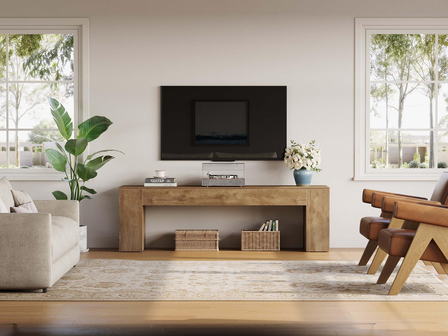 LITTLE TREE 70.8" TV Stand, Wooden Entertainment Center, Low TV Console Table for TVs Up to 80", Modern Chic Entertainment Center for Living Room, Bedroom, Apartment, Rustic Brown, Easy Assembly