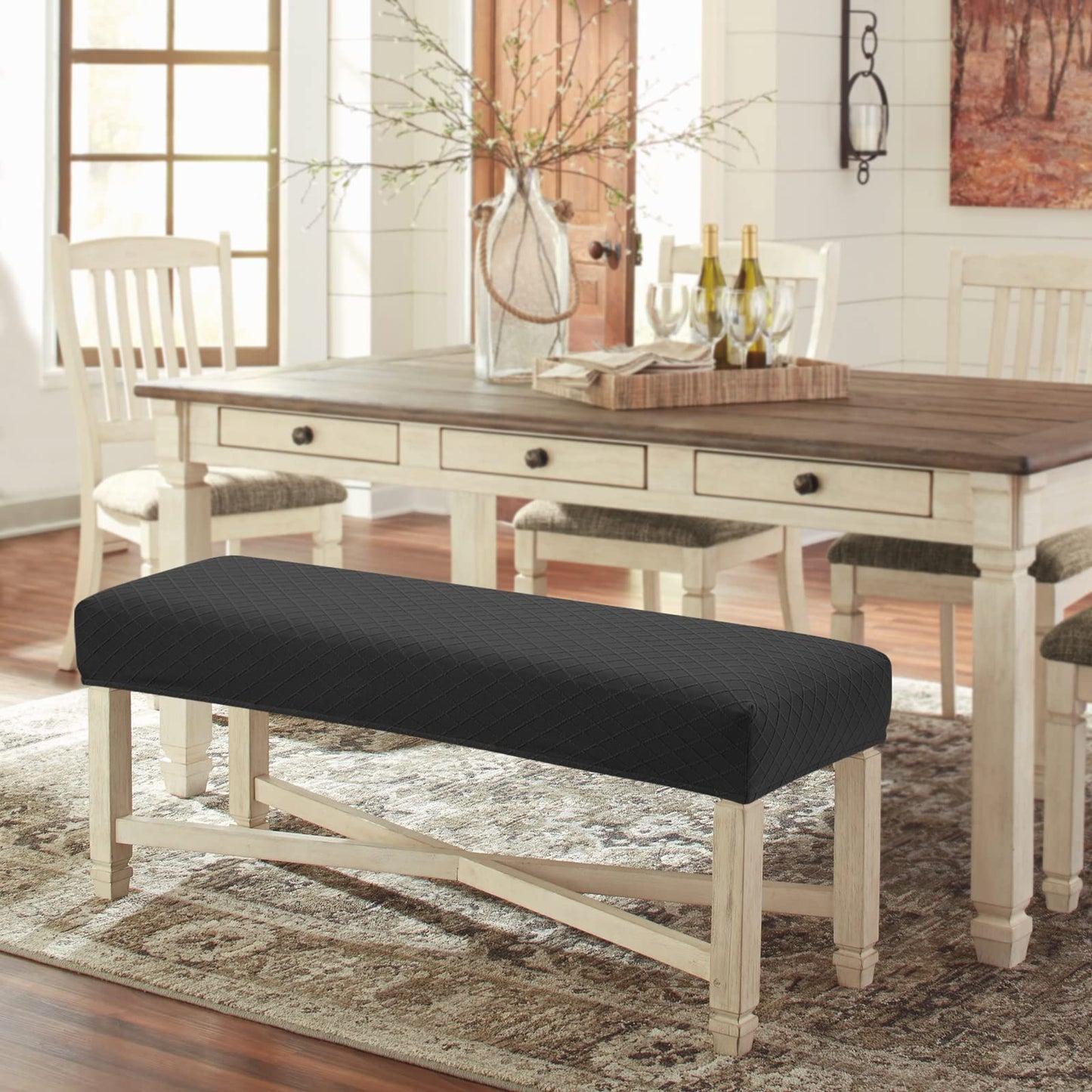 Fuloon Stretch Jacquard Dining Bench Cover - Anti-Dust Removable Bench Slipcover Washable Seat Cushion Protector for Bedroom, Kitchen, Hotel, Banquet (Black)