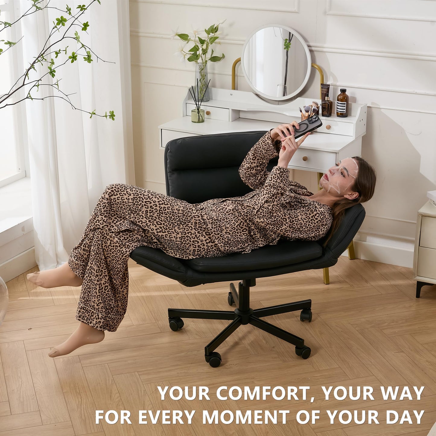 Criss Cross Chair with Flip-Up Arms & Swivel Wheels, Vanity Chair with Adjustable Height & Side Pockets, Comfortable Wide Seat Reclining Computer Office Desk Chairs for Home Office, Make Up, Bed Room