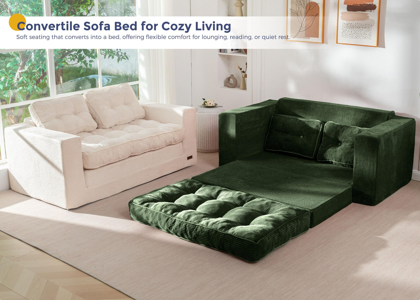 MAXYOYO Convertible Sofa Bed, Pull Out Loveseat Sofa Couch, 2 in 1 Folding Couch Bed, Fold Out Floor Couch with Pillows for Living Room Bedroom Lounge, Dark Green