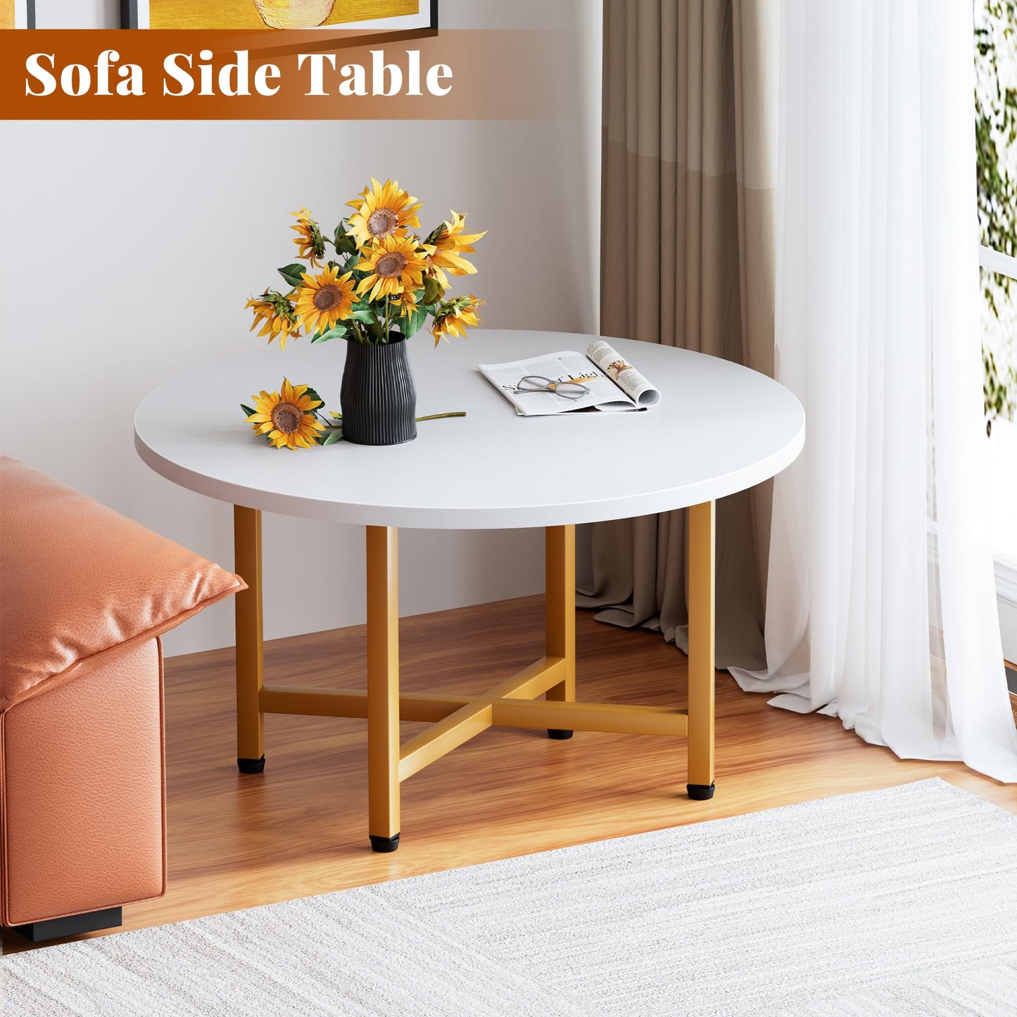 FURMORENE Coffee Table, 23.6" Small Coffee Tables, Gray Round Coffee Tables for Living Room, Floor Table for Sitting on The Floor, Center Coffee Table with Metal Frame for Office Apartment Home, Gold
