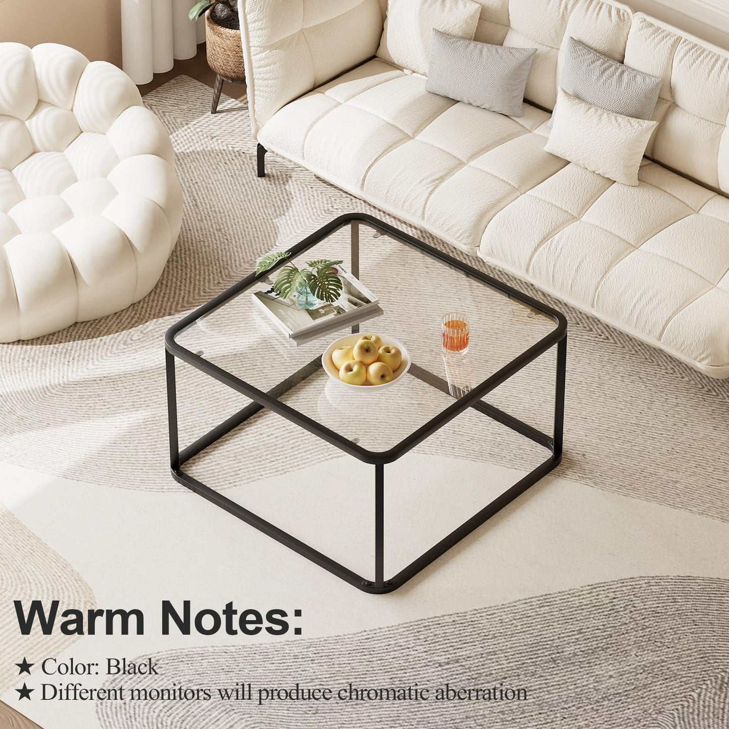 Coffee Table Glass, Minimalist Square Tables for Living Room, Modern Center Table for Office or Small Space, Tempered Glass, Sturdy Metal Frame, Easy Assembly, 26.4 x 26.4 x 15.7 Inches, Black