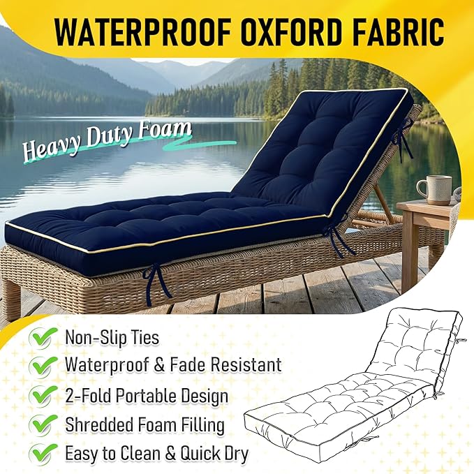 2 Pack 80x26 Inch Folding Chaise Lounge Cushion Quick Dry