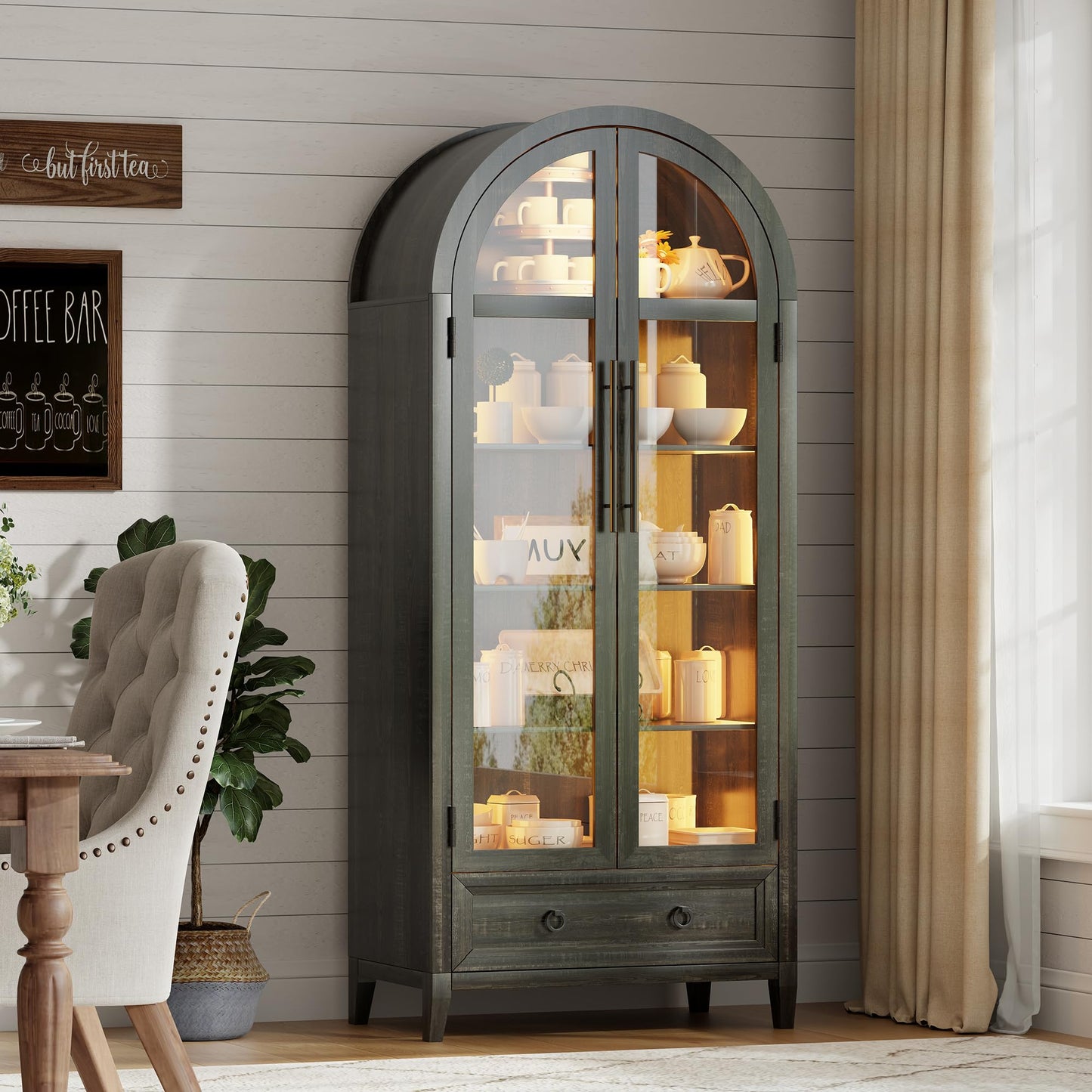 MDGC Glass Display Cabinet with Glass Doors, 4-Tier Curio Cabinet with Shelves and a Drawer,73" Inch Tall LED Display Case for Collectibles,LED Bookcase for Bedroom Living Room Office,Black White