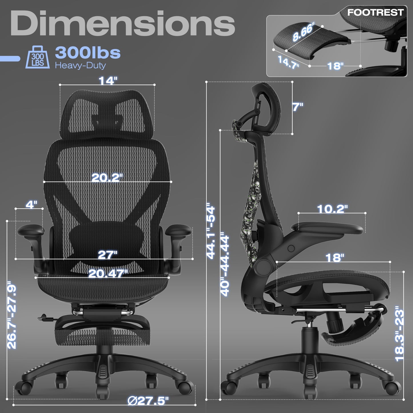 ELABEST X100 Ergonomic Mesh Office Chair with Footrest, Big and Tall Home Desk Chair with 5D Flip-Up Arms, Adjustable 3D Lumbar Support, Gaming & Executive Computer Chair, Night Reaper