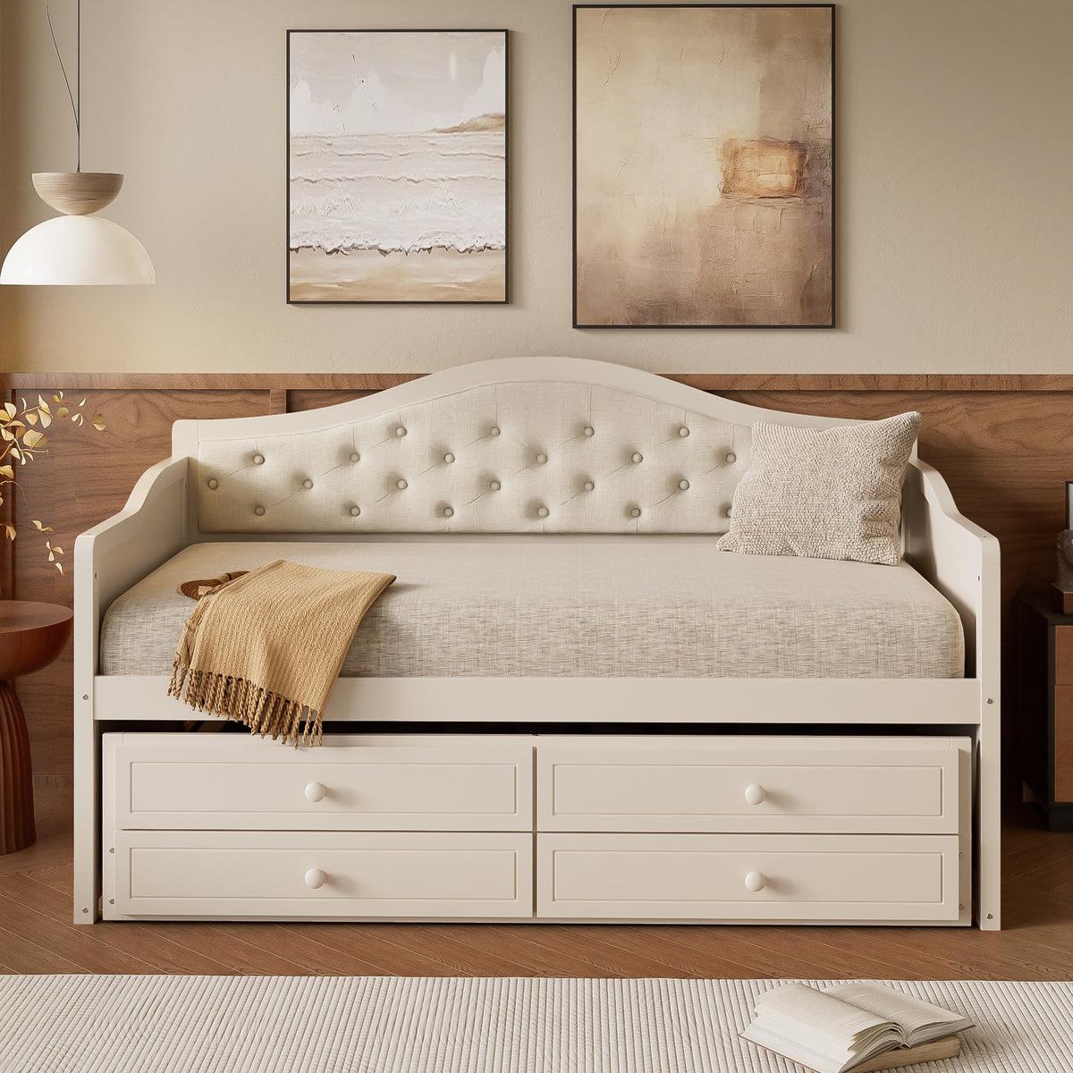 Ball & Cast Twin Size Daybed with Trundle,Wooden Bed w/ 2 Storage Drawers,Sofa Beds w/Upholstered Button Tufted Backrest,Slat Support,for Living Room, Bedroom, Guest Room,Beige