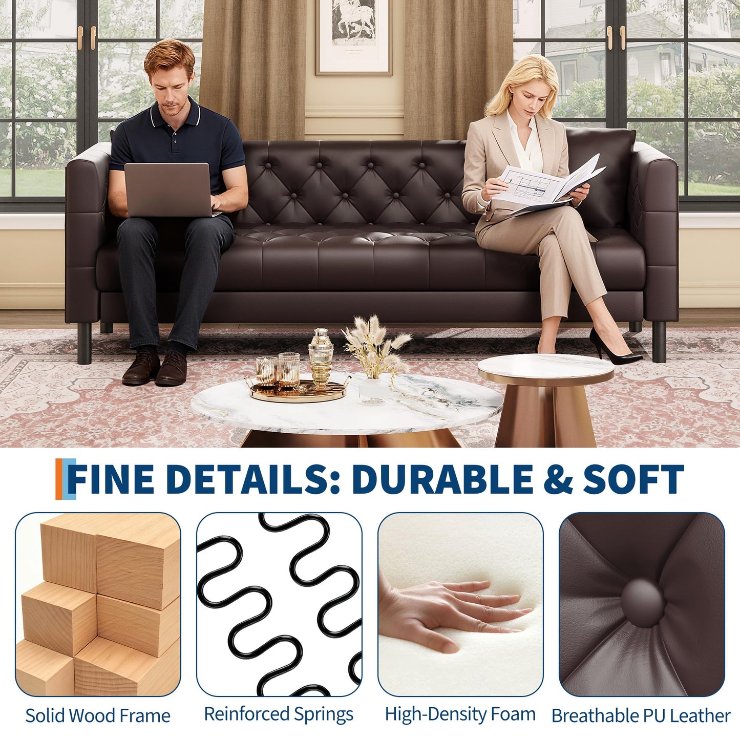 GarveeHome 81 in Leather Couch for Living Room, Modern Sofa Couch with Deep Seat and 2 Pillows, Handmade Button Tufted 3 Seater Sofa, Leather Sofa for Apartment or Office, Dark Brown