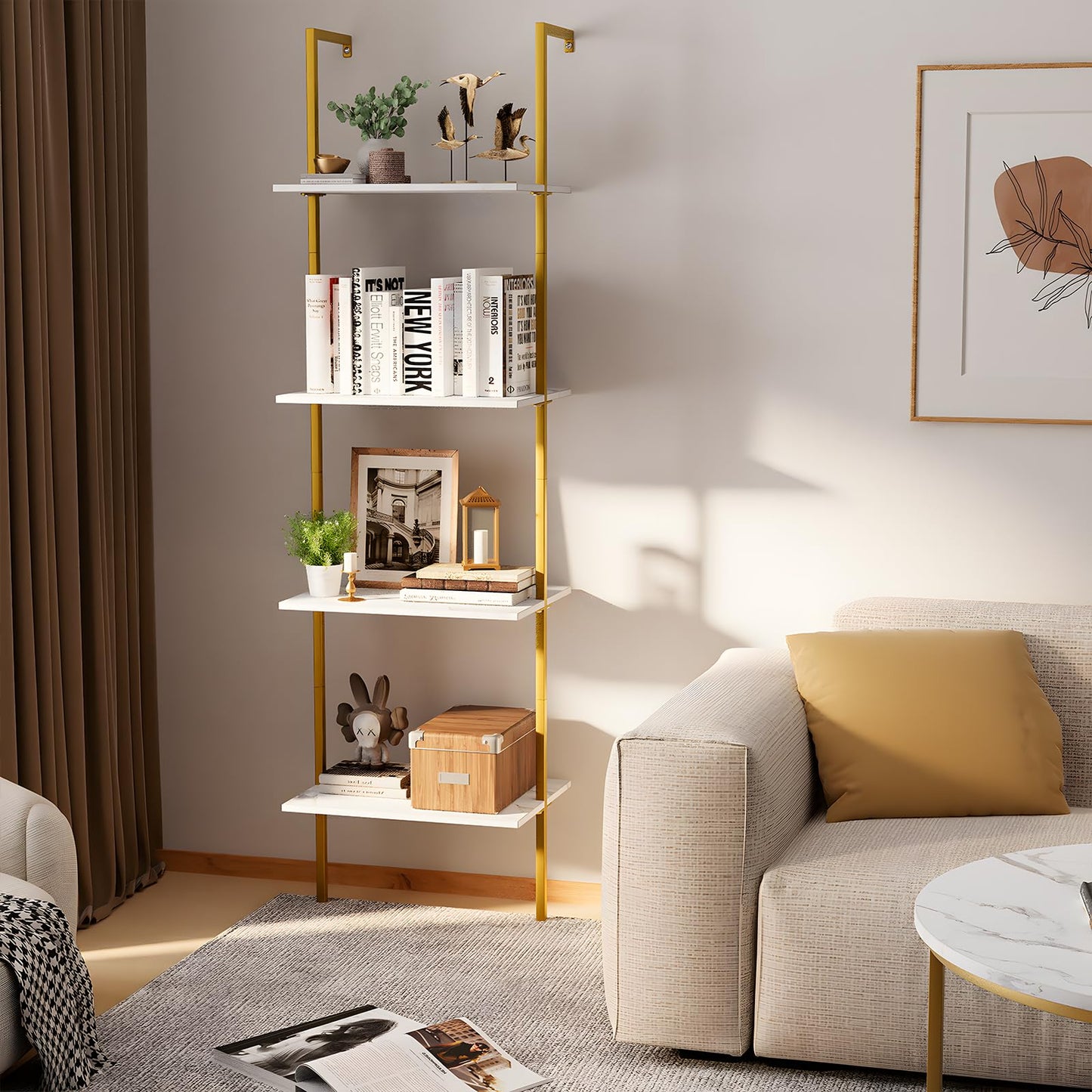 Wolawu Ladder Shelf 4 Tiers Metal Industrial Bookshelf,White Marble Wood Tall Open Storage Rack and Display Shelves,Wall Mount Wide Book Case for Home Office Bedroom,Small