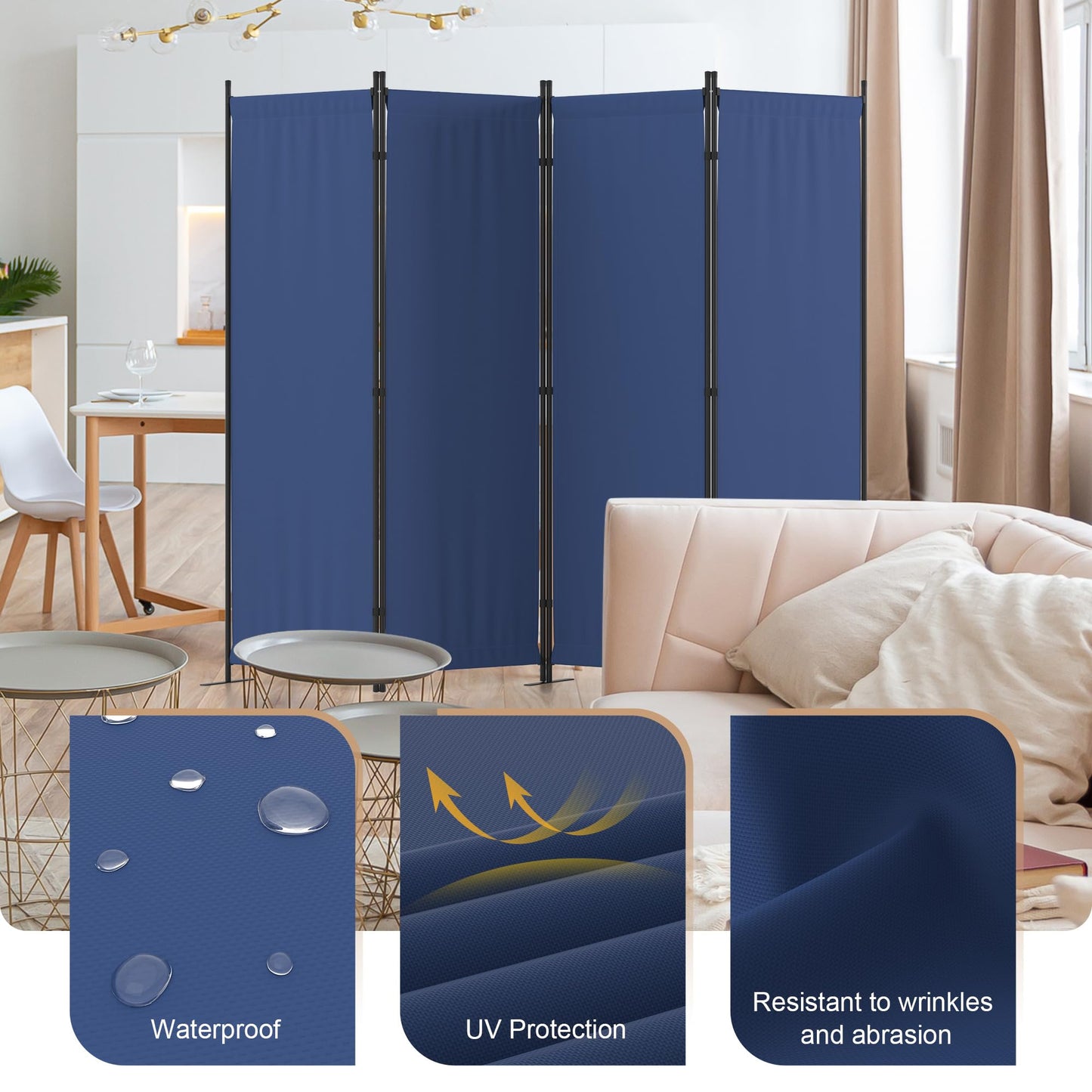 Room Divider, 4 Panel Folding Privacy Screen, 88” Portable Separating with 3 Metal Feet, Partition Room Dividers, Lightweight Freestanding Wall Divider Screen for Office Bedroom Hospital(Blue)