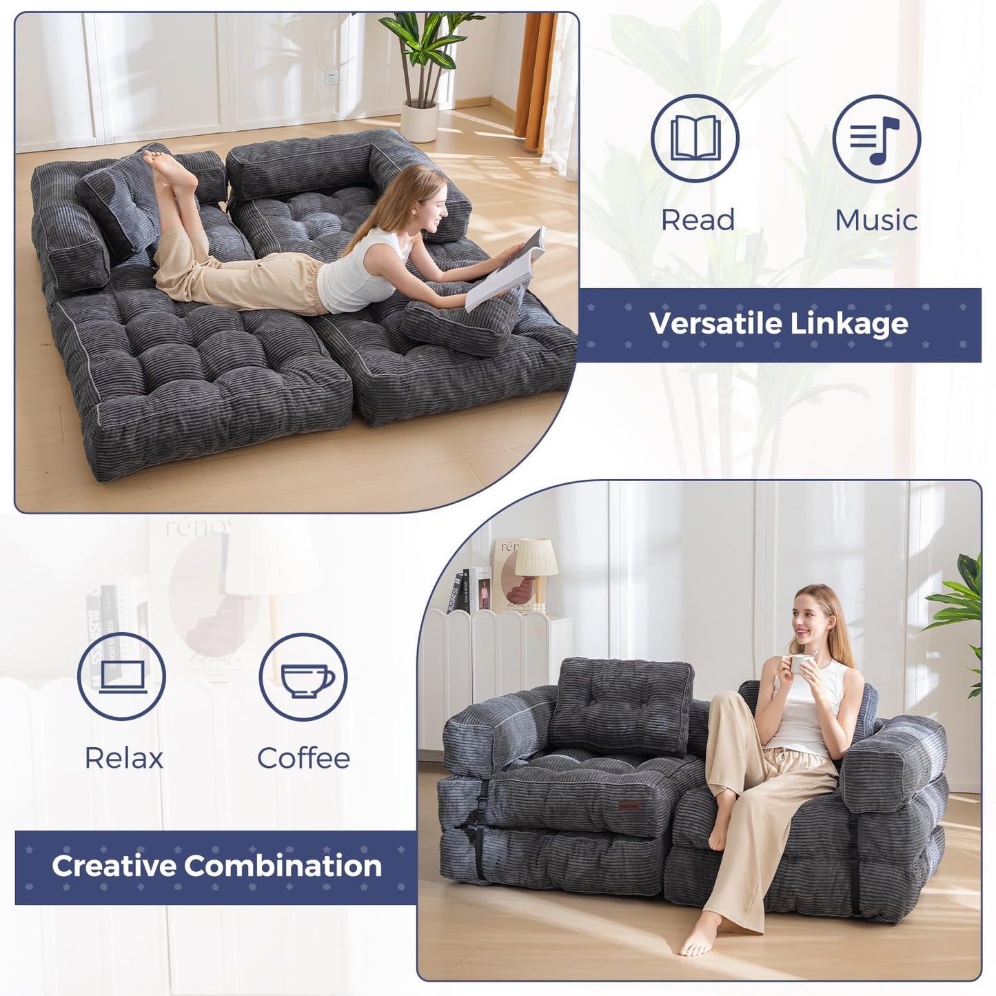 MAXYOYO Folding Sofa Bed, L-Shaped Convertible Sofa Bed with Armrest Foldable Sleeper Sofa with Pillow, Portable Fold Out Chair Bed Comfy Floor Lounge for Living Room Bedroom, Dark Grey