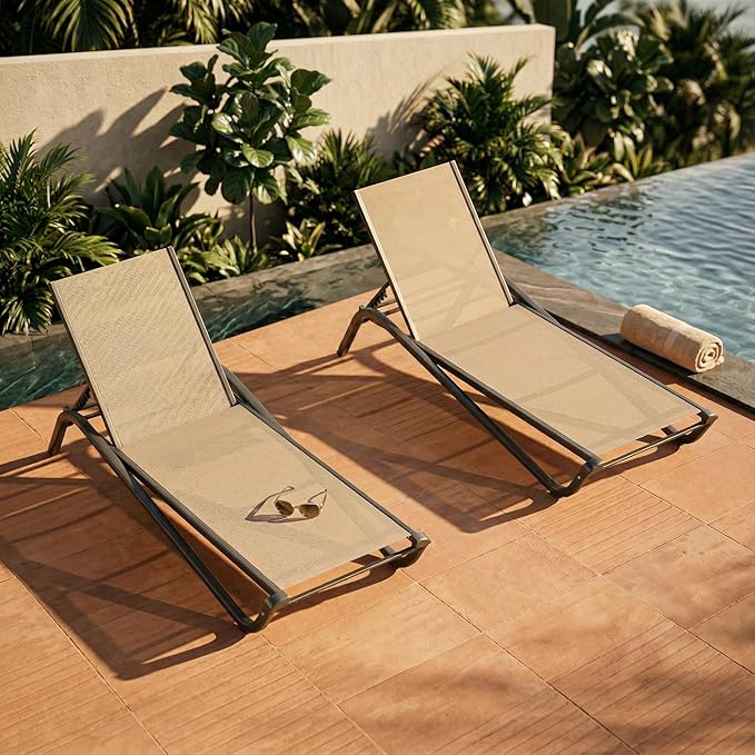 Set of 2 Patio Chaise Lounge Chairs, All-Weather Aluminum Pool Loungers