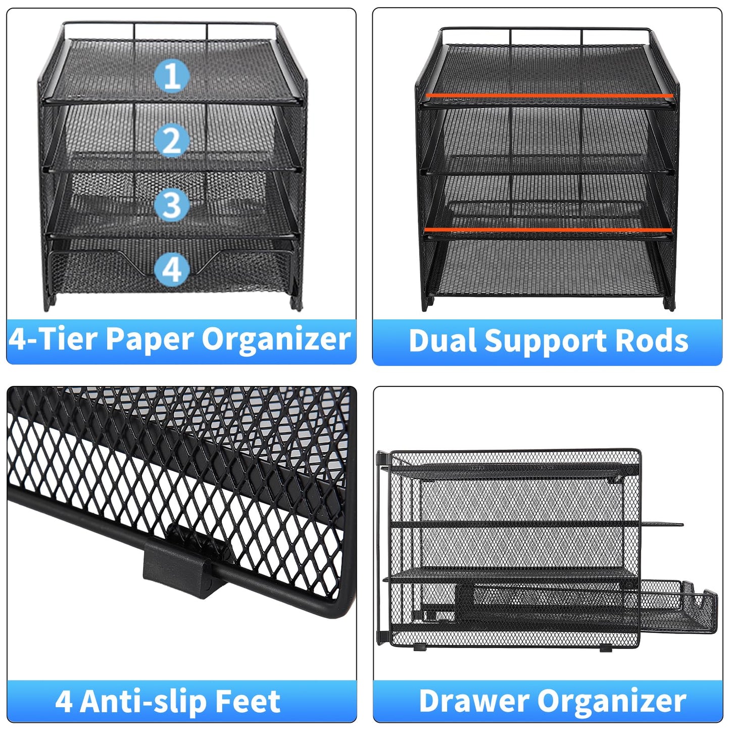 OPNICE Desk Organizers and Accessories, 4-Tier Desktop File Organizer with Drawer, Office Desk Accessories & Workspace Organizers for Office, Home Supplies(Black)