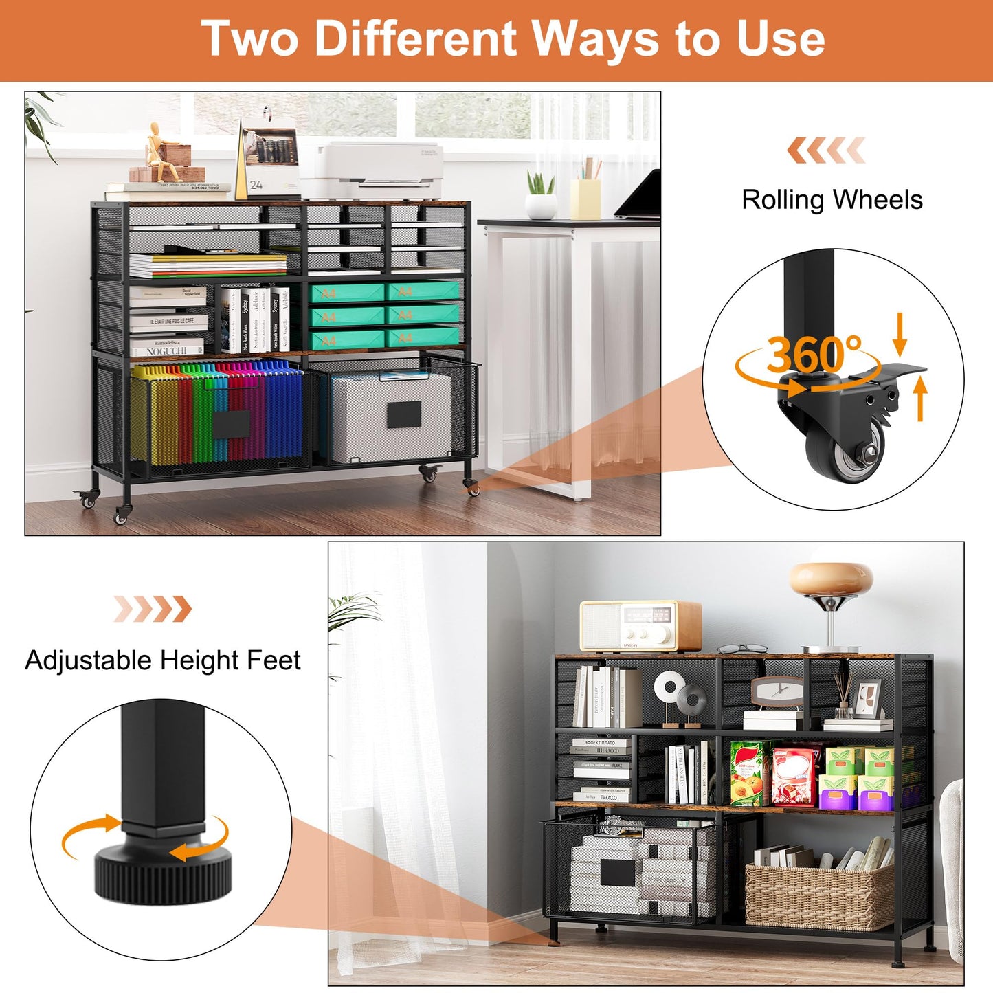 EasyPAG Rolling Cart with 2 Storage Drawer, Under Desk Filling Cabinet with Mail Sorter, Pull Out Hanging File Rack for Letter Size Folders, Mobile Utility Craft Cart for Home Office, Black