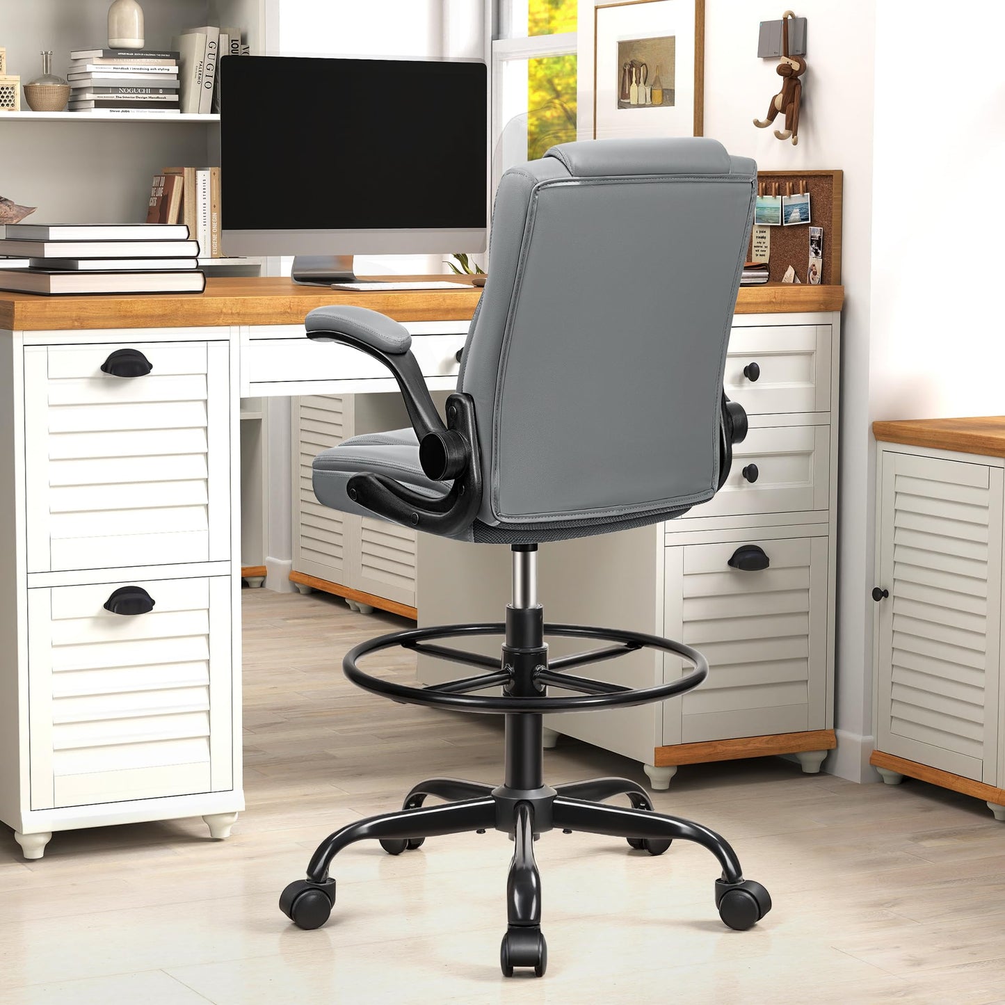 Drafting Chair, Tall Office Chair for Standing Desk, High Executive Leather Ergonomic Computer Chair with Adjustable Height and Flip-Up Armrest for Counter Height Desk, Grey, Pack of 1
