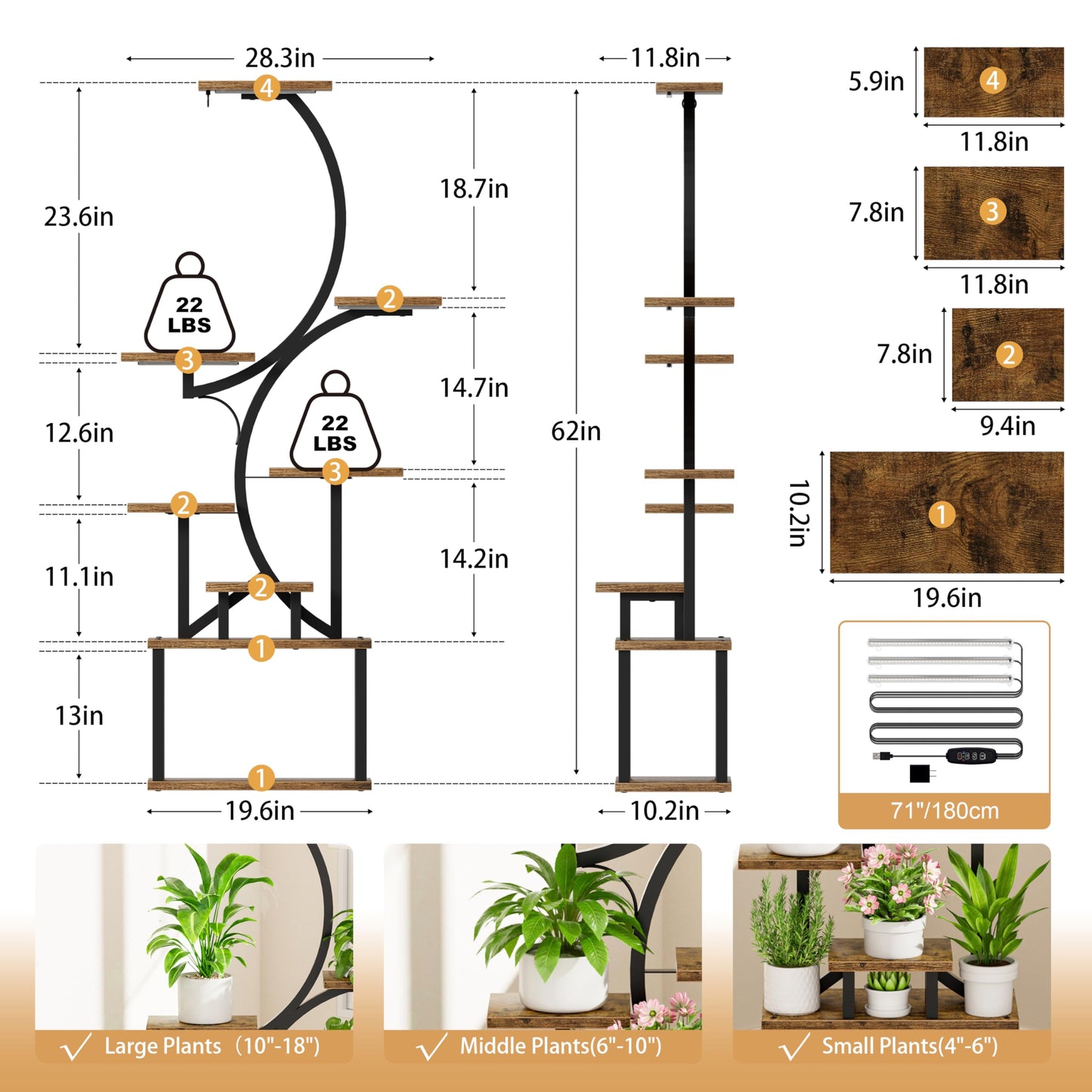 Plant Stand with Grow Lights for Indoor Plants, 8-Tiered Tall Corner Plant Shelf with Full Spectrum Light, S-Shaped Space-Saving Narrow Flower Holder, Anti-Tip for Living Room Bedroom Office, Brown